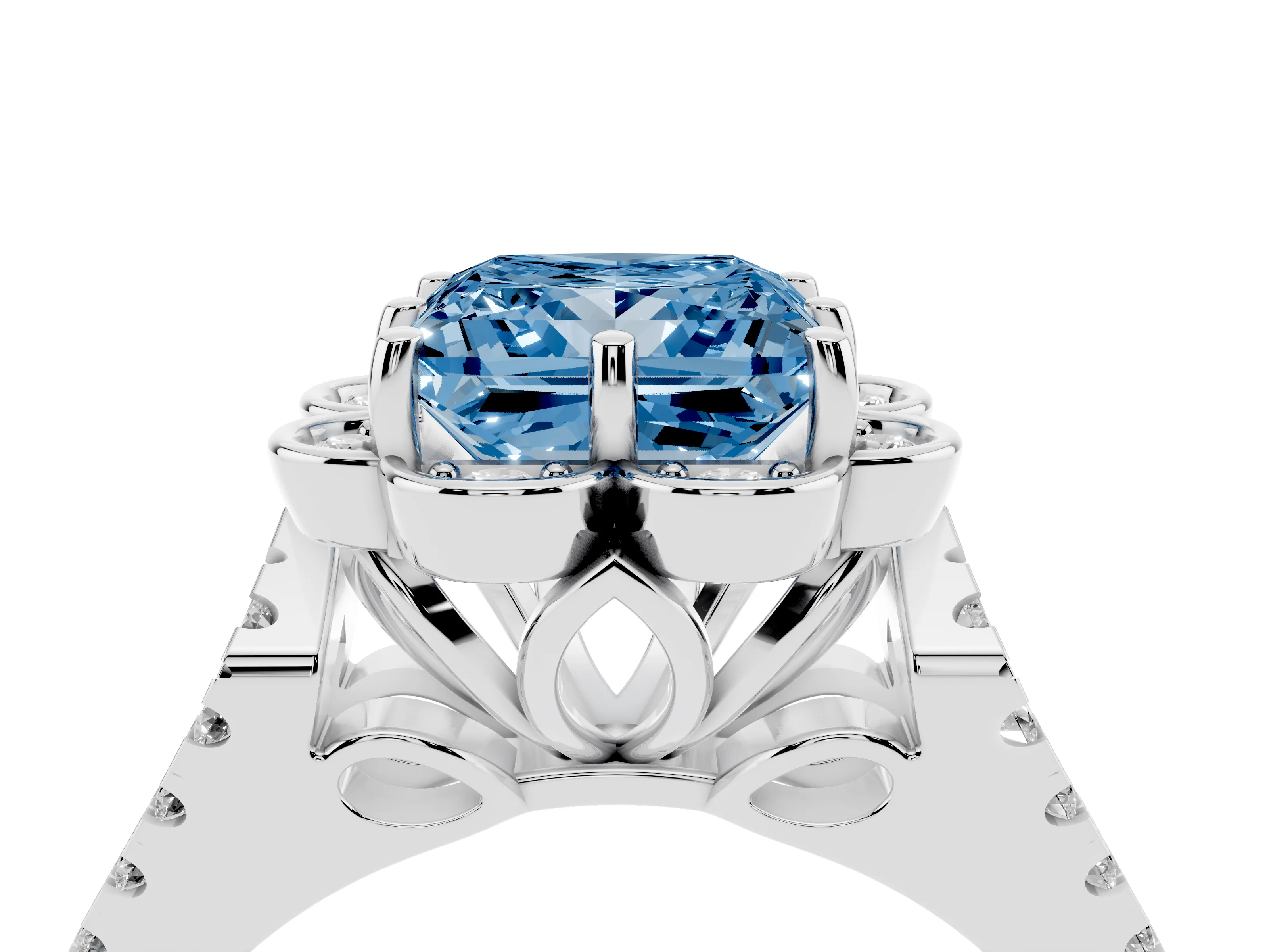 Fancy Blue Princess Cut Diamond Floral Halo Split Shank Engagement Ring Set in Platinum with Pavé Shank