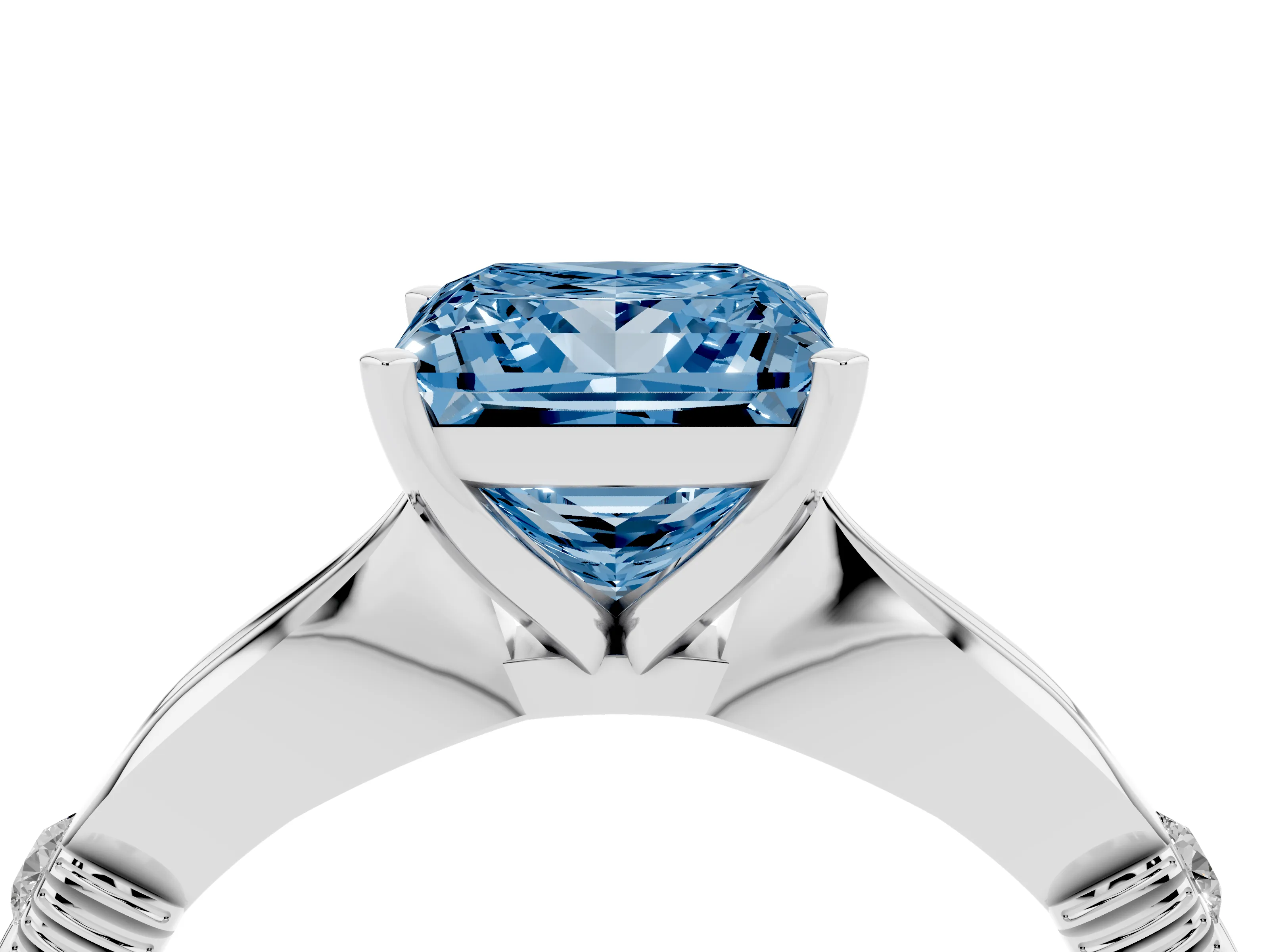 Fancy Blue Princess Cut Diamond Solitaire Twisted Band Ring Set in White gold with Accent Stones and Prong Setting