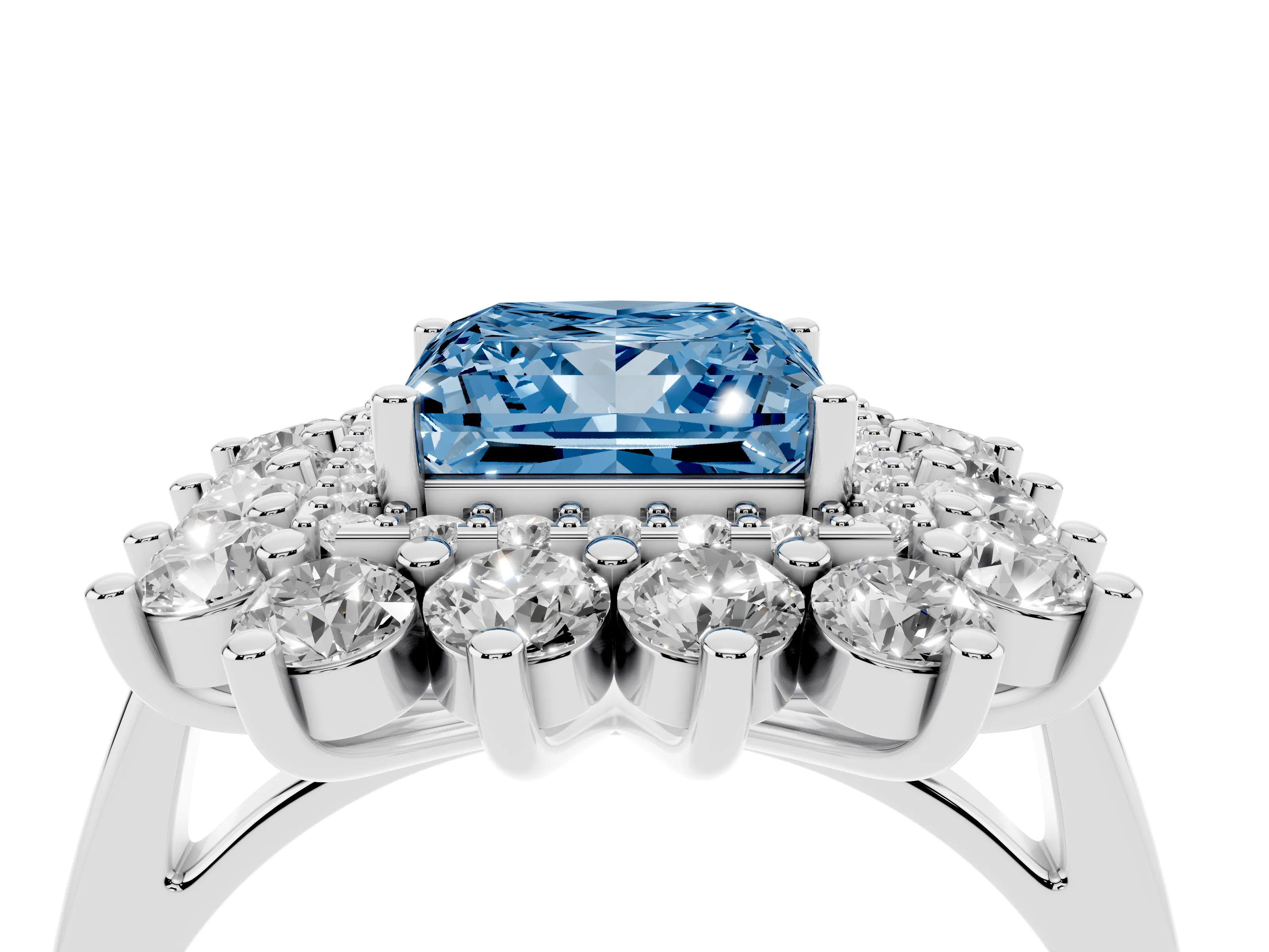 Fancy Blue Princess Cut Diamond Floral Double Halo Ring Set in Platinum with Round Petals