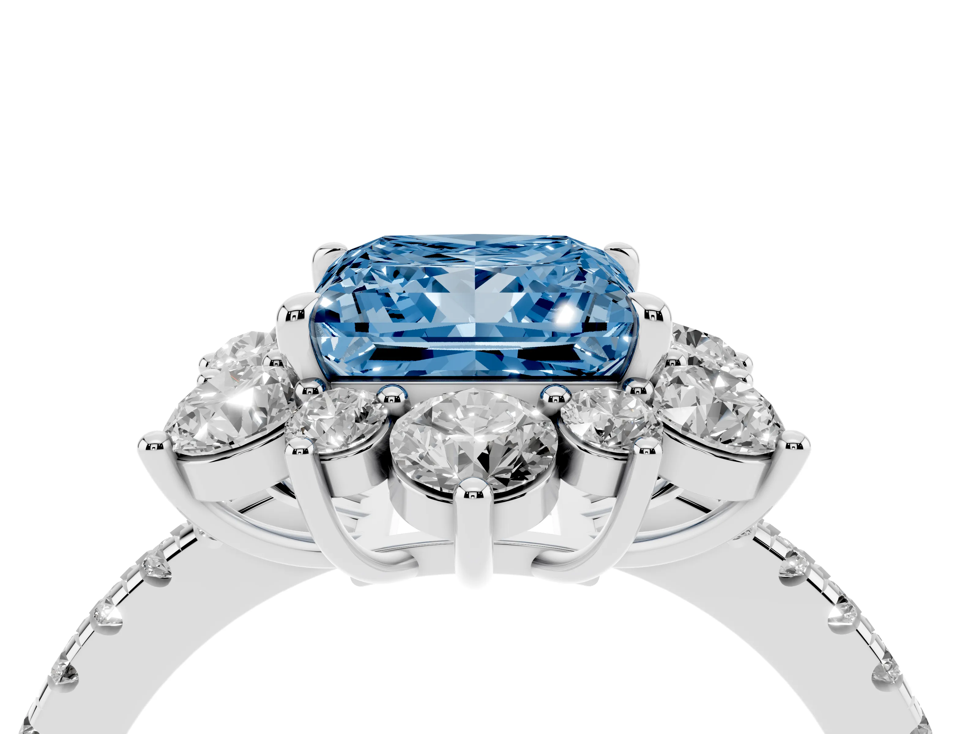 Fancy Blue Princess Cut Diamond Floral Halo Ring Set in White gold with Round Pavé Band and Prong Setting