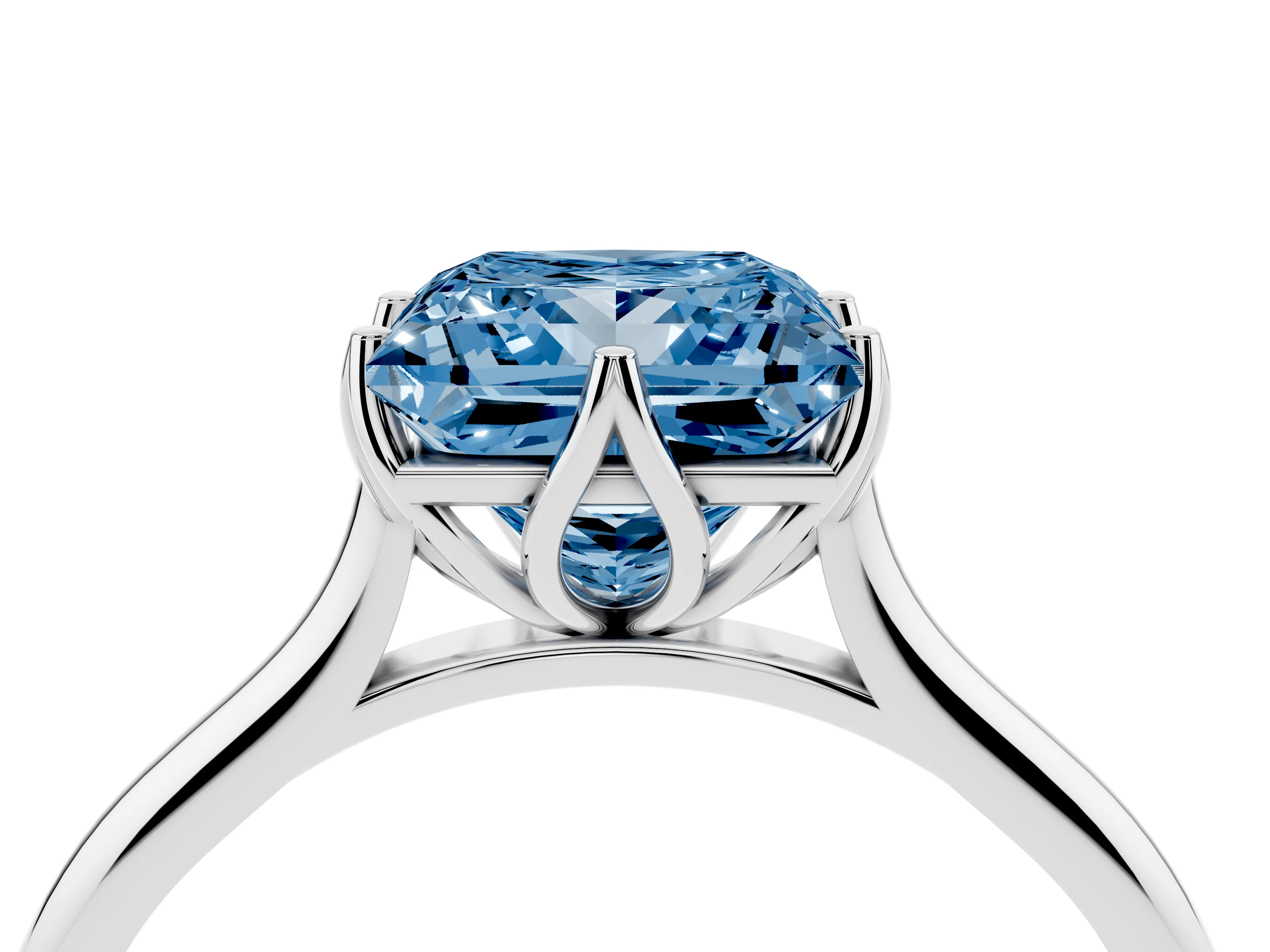 Fancy Blue Princess Cut Diamond Solitaire Cathedral Ring Set in Silver with Prong Setting