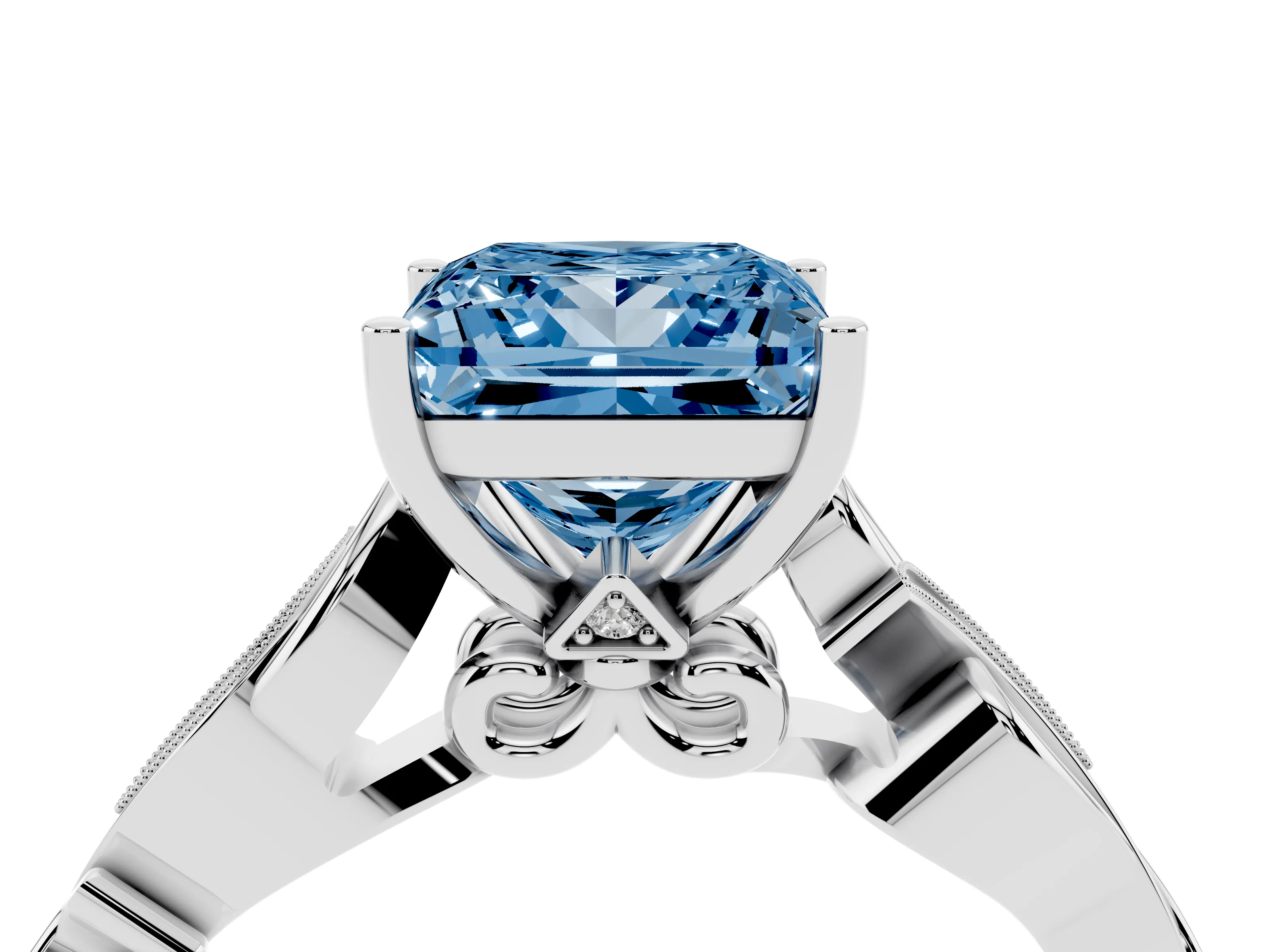 Fancy Blue Princess Cut Diamond Vine Band Solitaire Ring Set in Platinum with Milgrain Prong Setting