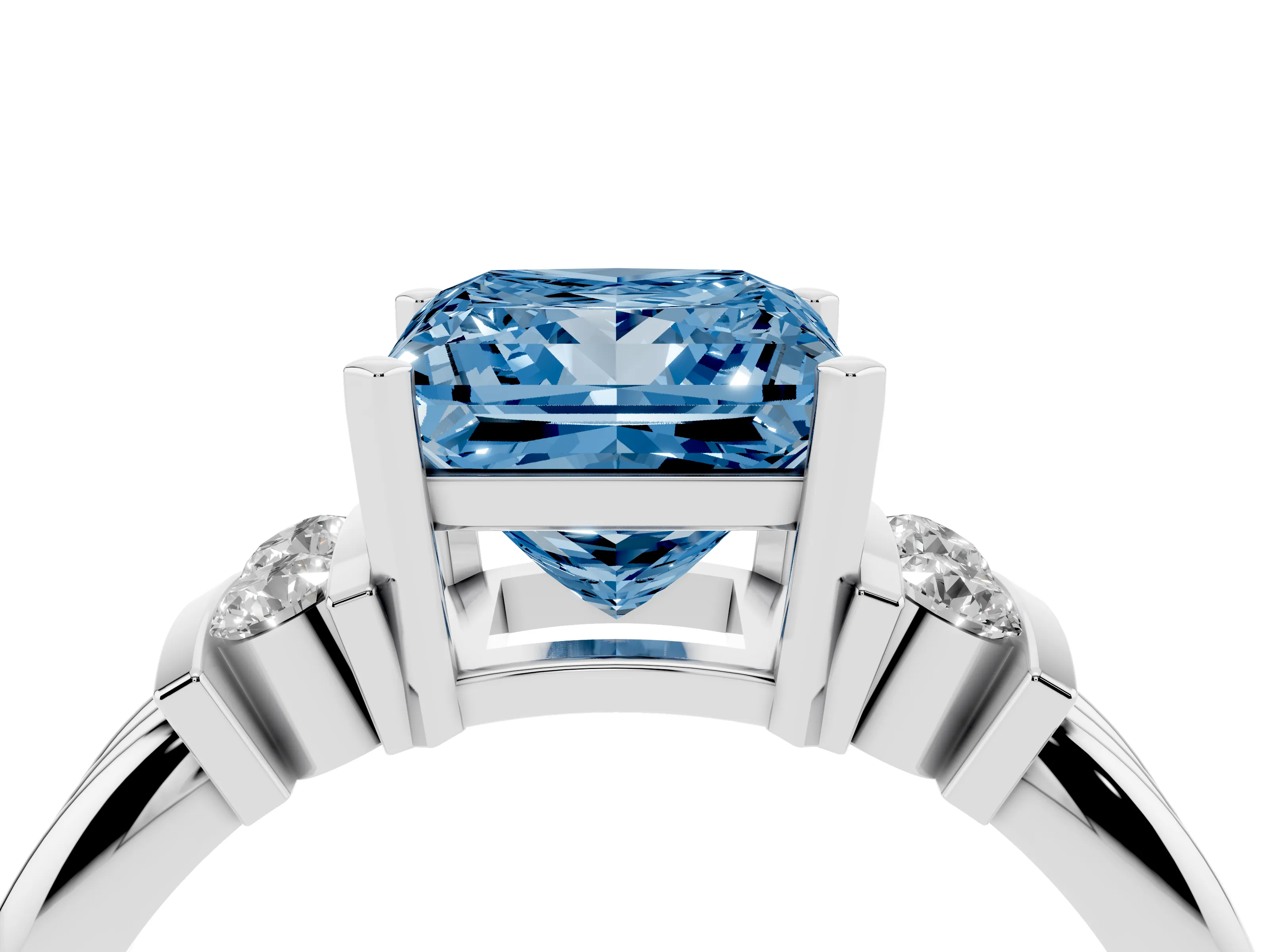 Fancy Blue Three-Stone Princess Cut Diamond Channel Set Ring Set in White gold with Bar Prongs