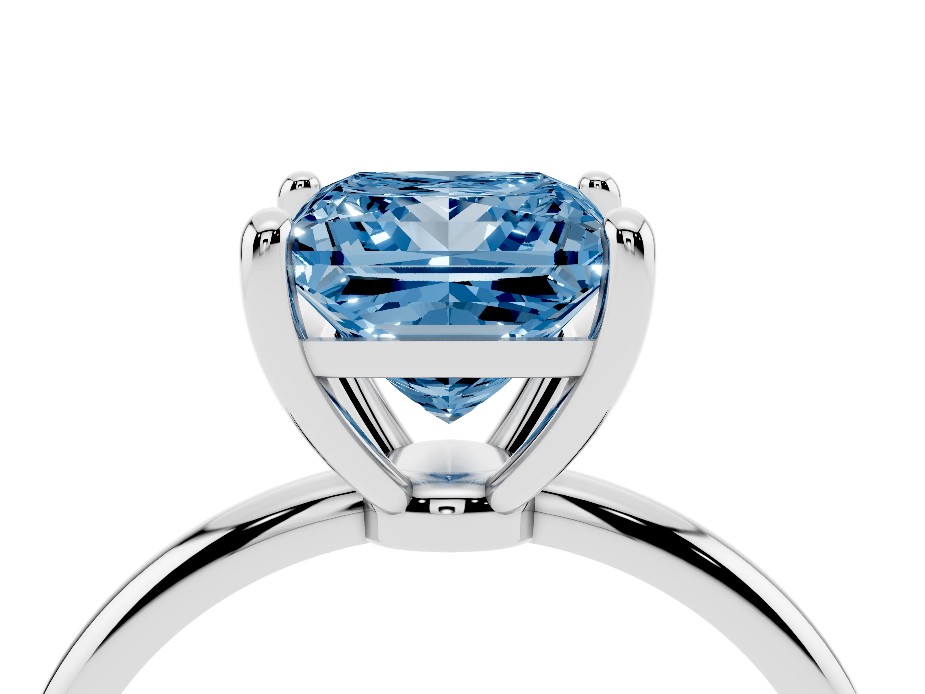 Fancy Blue Princess Cut Diamond Solitaire Ring Set in White gold with Secure Prong Setting on a Classic Band