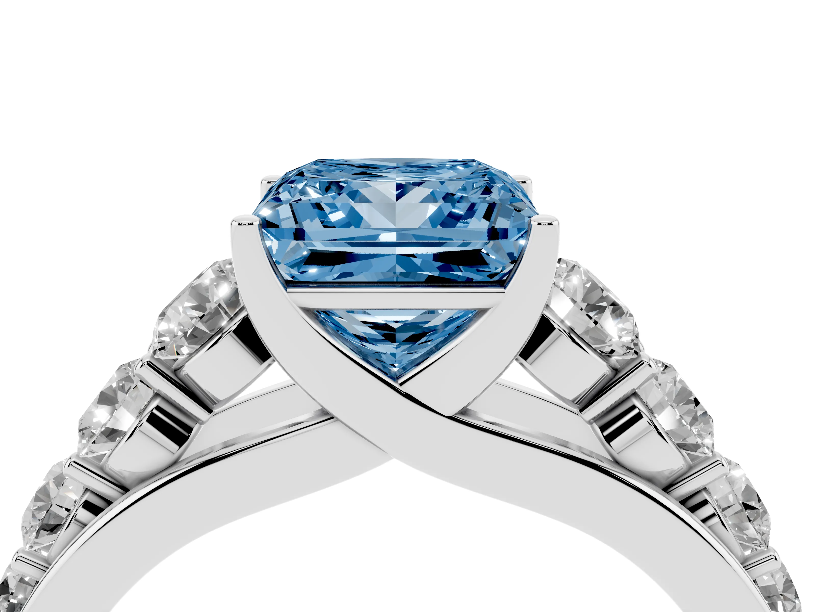 Fancy Blue Princess Cut Diamond Solitaire Ring Set in Platinum with Pavé-Set Band and Prong Setting