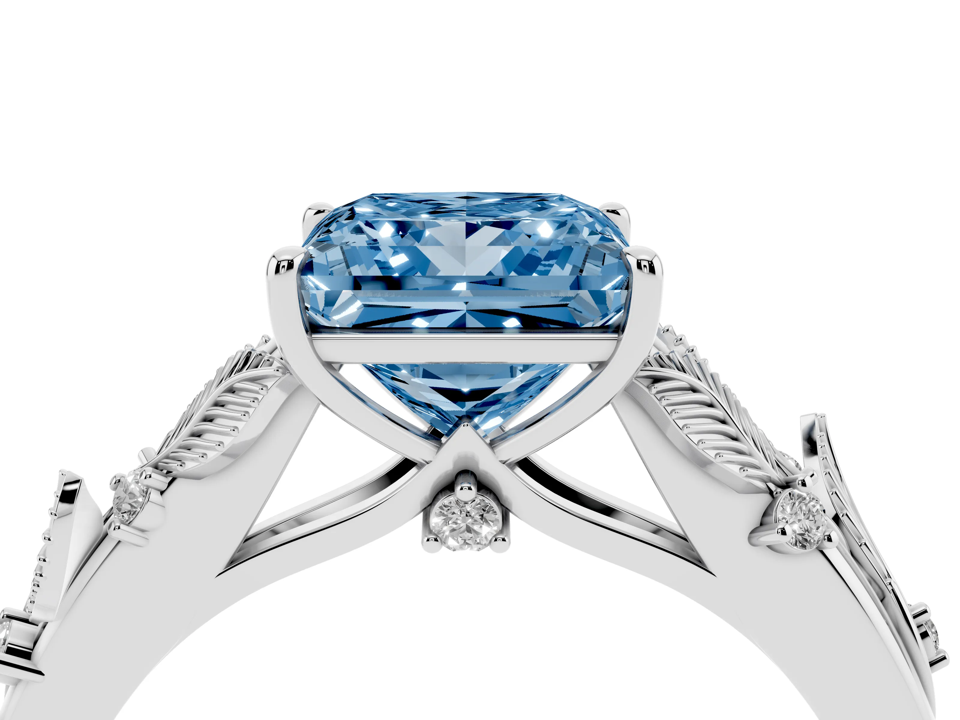 Fancy Blue Princess Cut Diamond Solitaire Ring Set in Silver with Leaf Motif Band