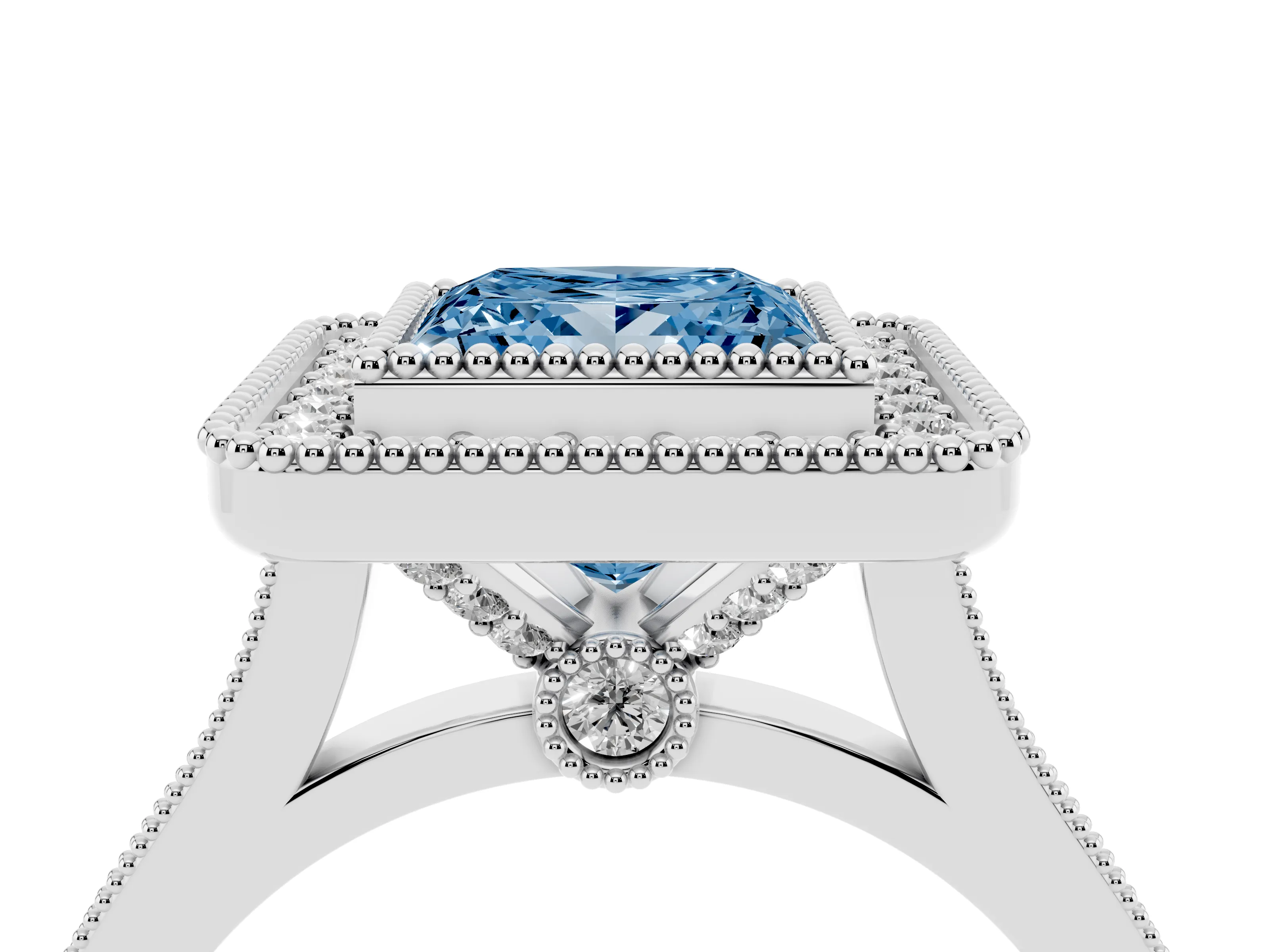 Fancy Blue Princess Cut Diamond Halo Ring Set in Silver with Milgrain Frame and Pavé Band