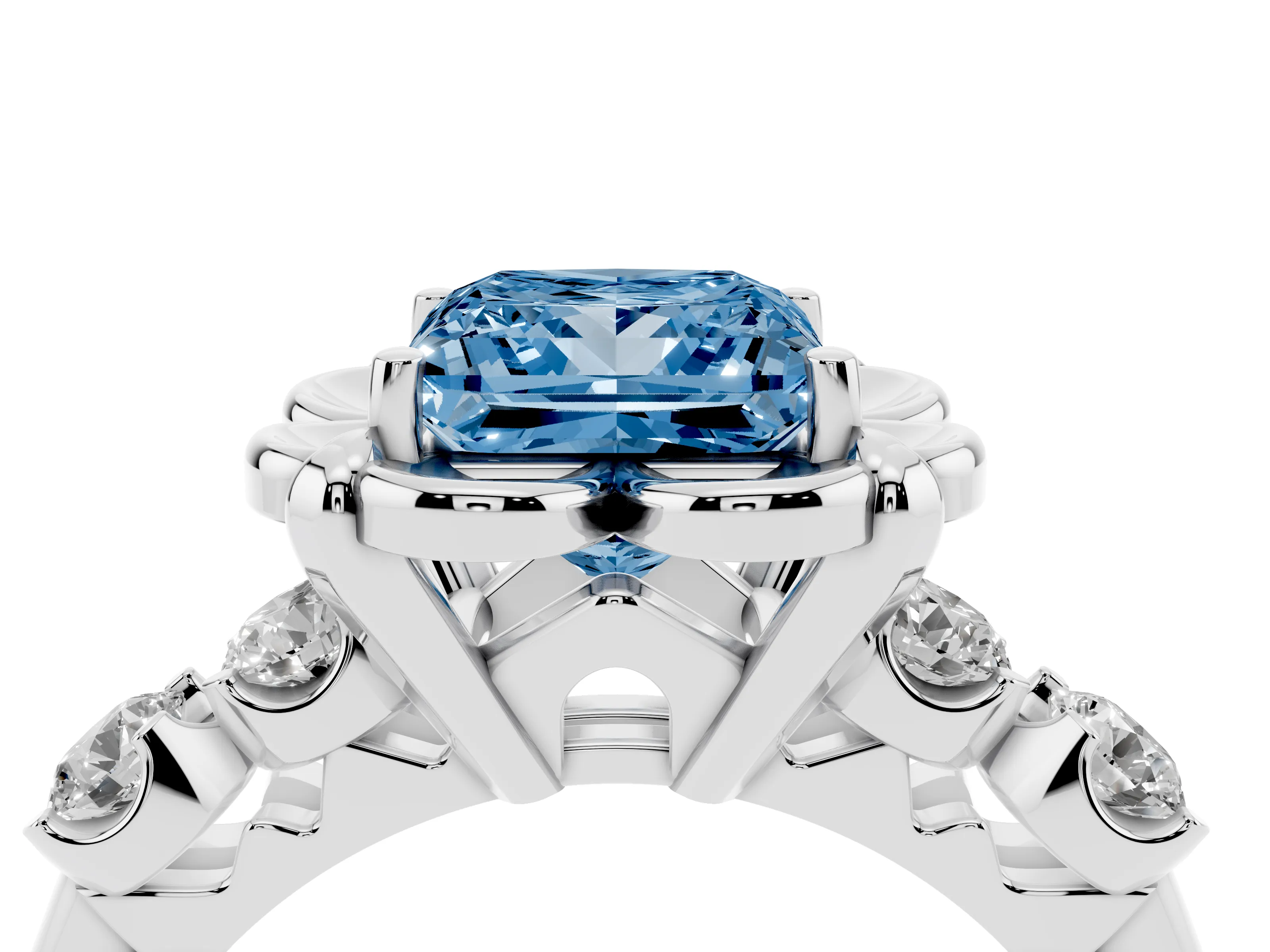 Fancy Blue Princess Cut Diamond Floral Halo Ring Set in White gold with Shared Prong Band