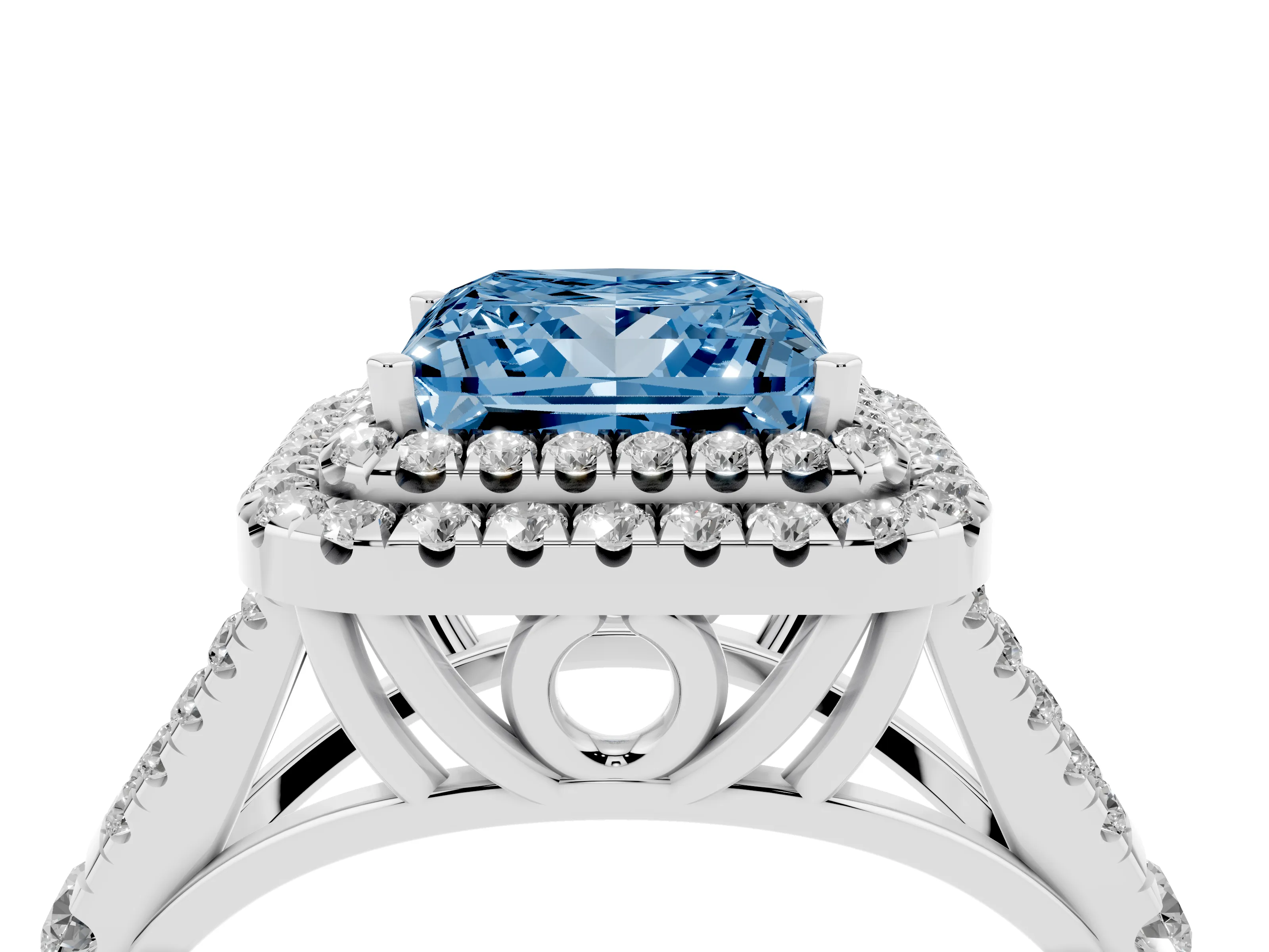 Fancy Blue Princess Cut Diamond Pavé Split Shank Double Halo Engagement Ring Set in Platinum