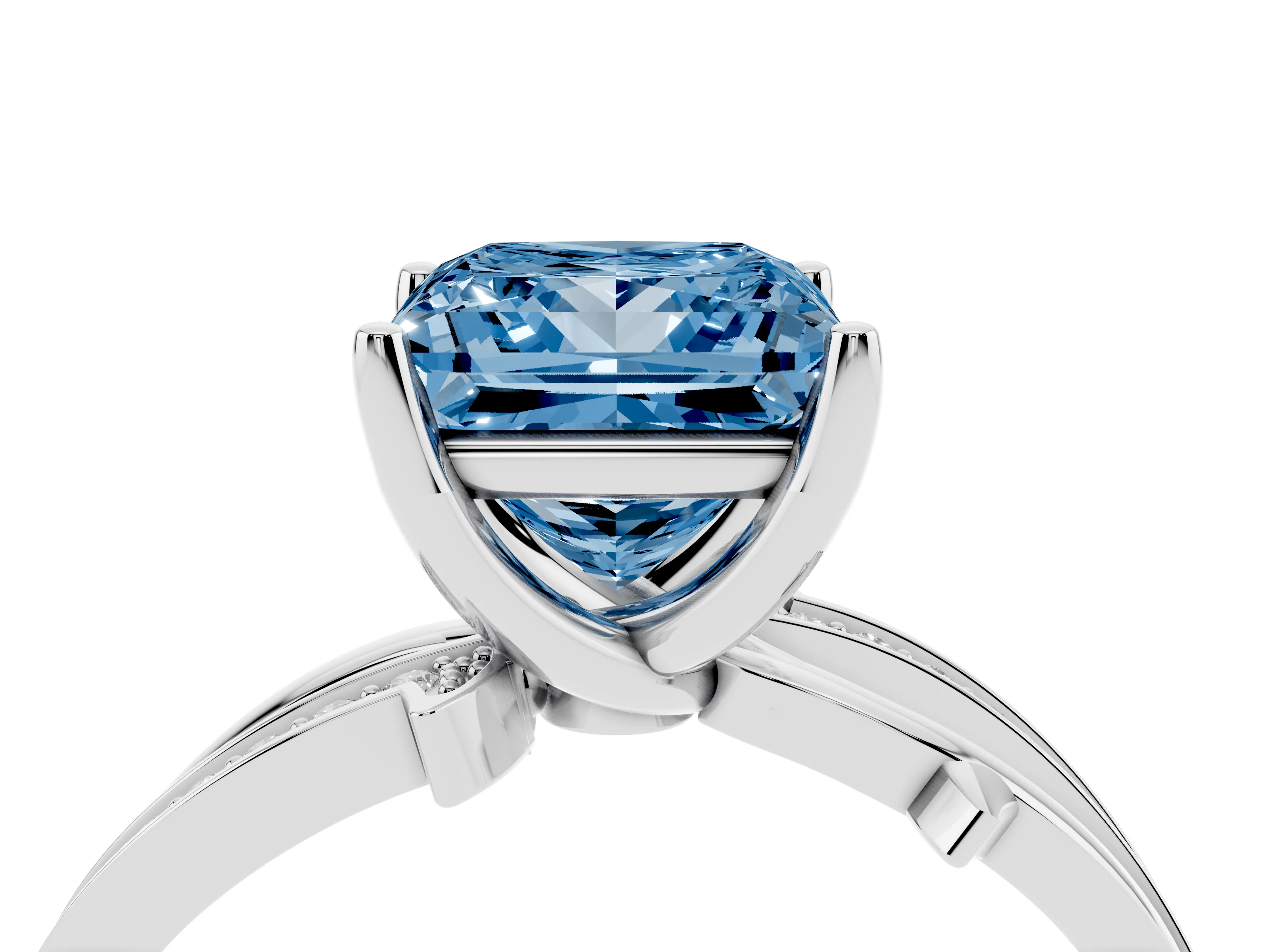 Fancy Blue Princess Cut Diamond Pavé Twist Band Solitaire Ring Set in Silver with Prong Setting