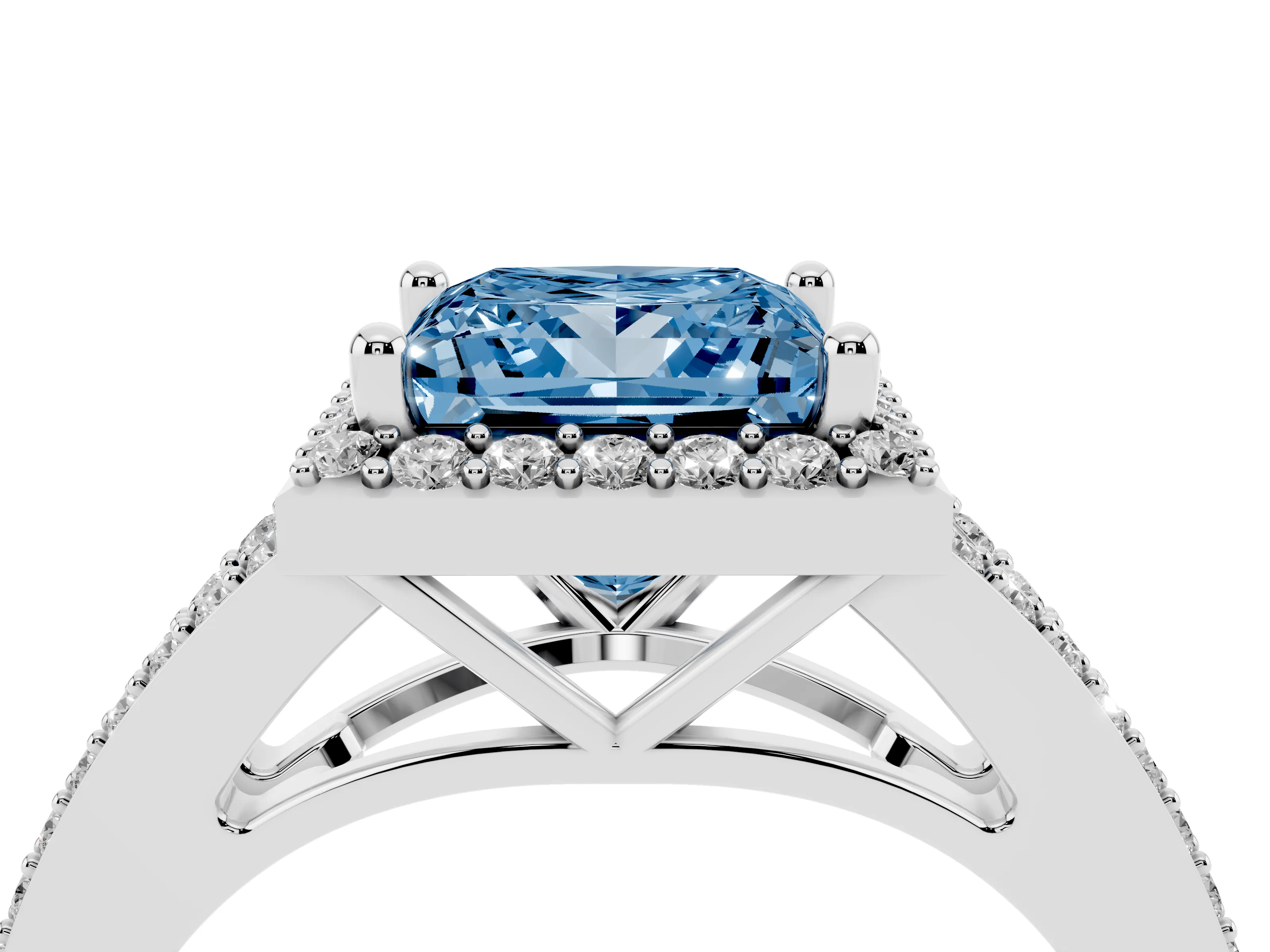 Fancy Blue Princess Cut Diamond Halo Split Shank Pavé Ring Set in White gold with Prong Setting