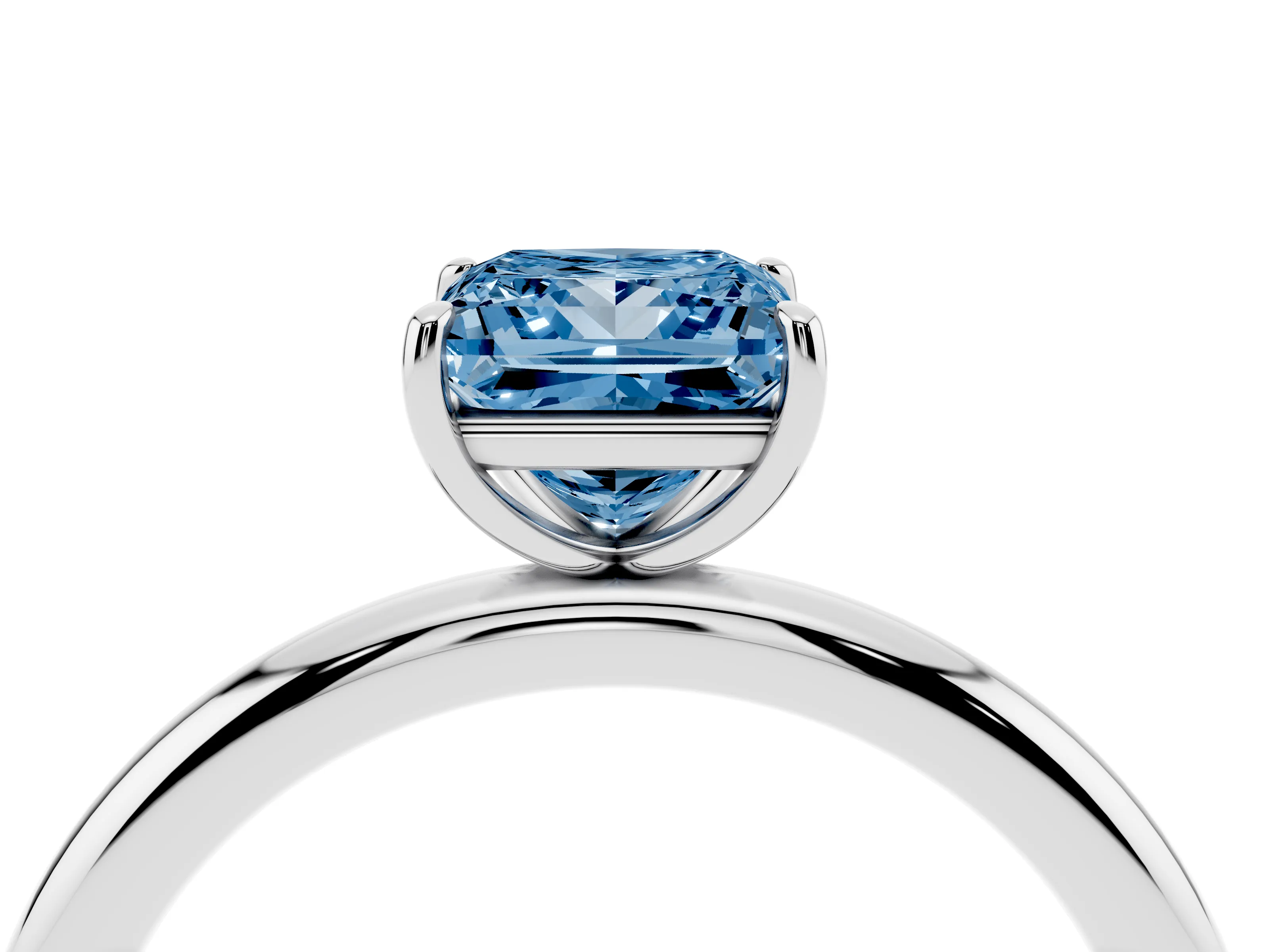 Fancy Blue Princess Cut Diamond Solitaire Ring Set in Silver with Prong Setting on a Polished Plain Band