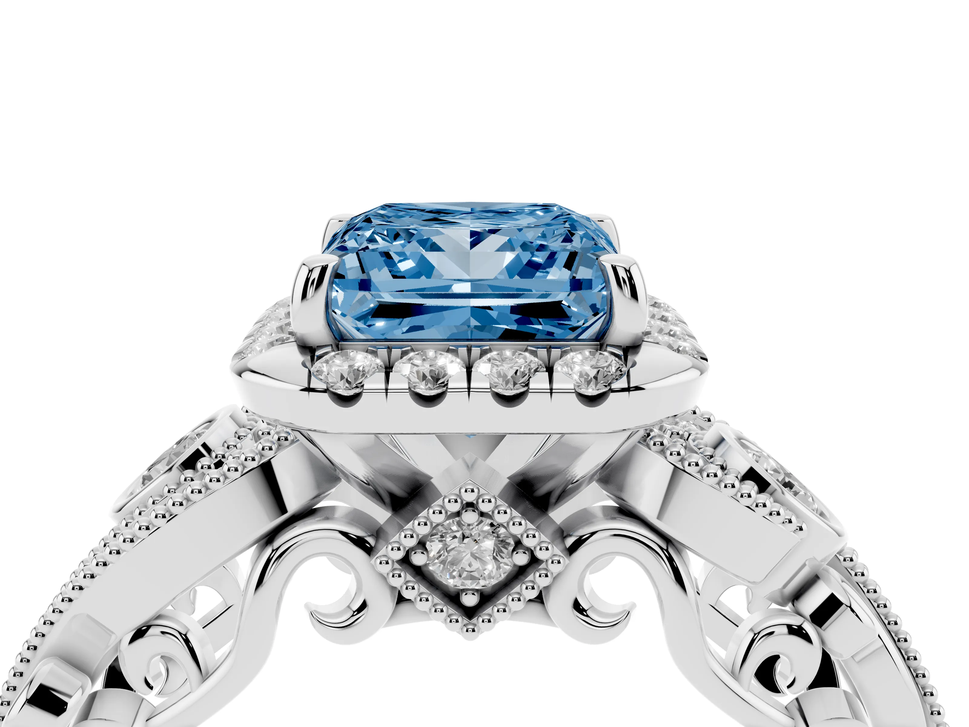 Fancy Blue Princess Cut Diamond Halo Ring Set in Silver with Milgrain Pavé Band and Prong Setting