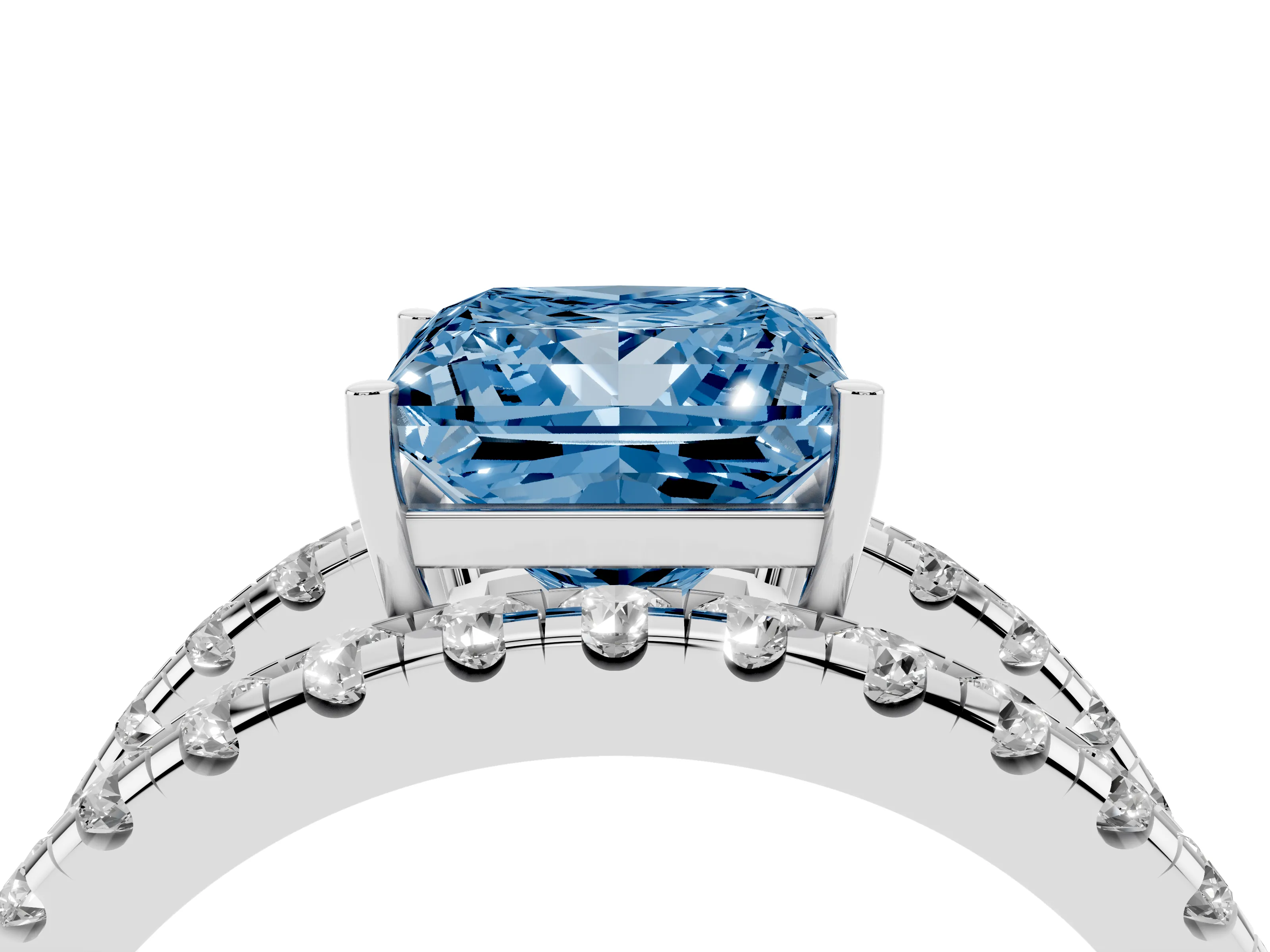 Fancy Blue Princess Cut Diamond Split Shank Pavé Solitaire Ring Set in Silver with Open Shank Design