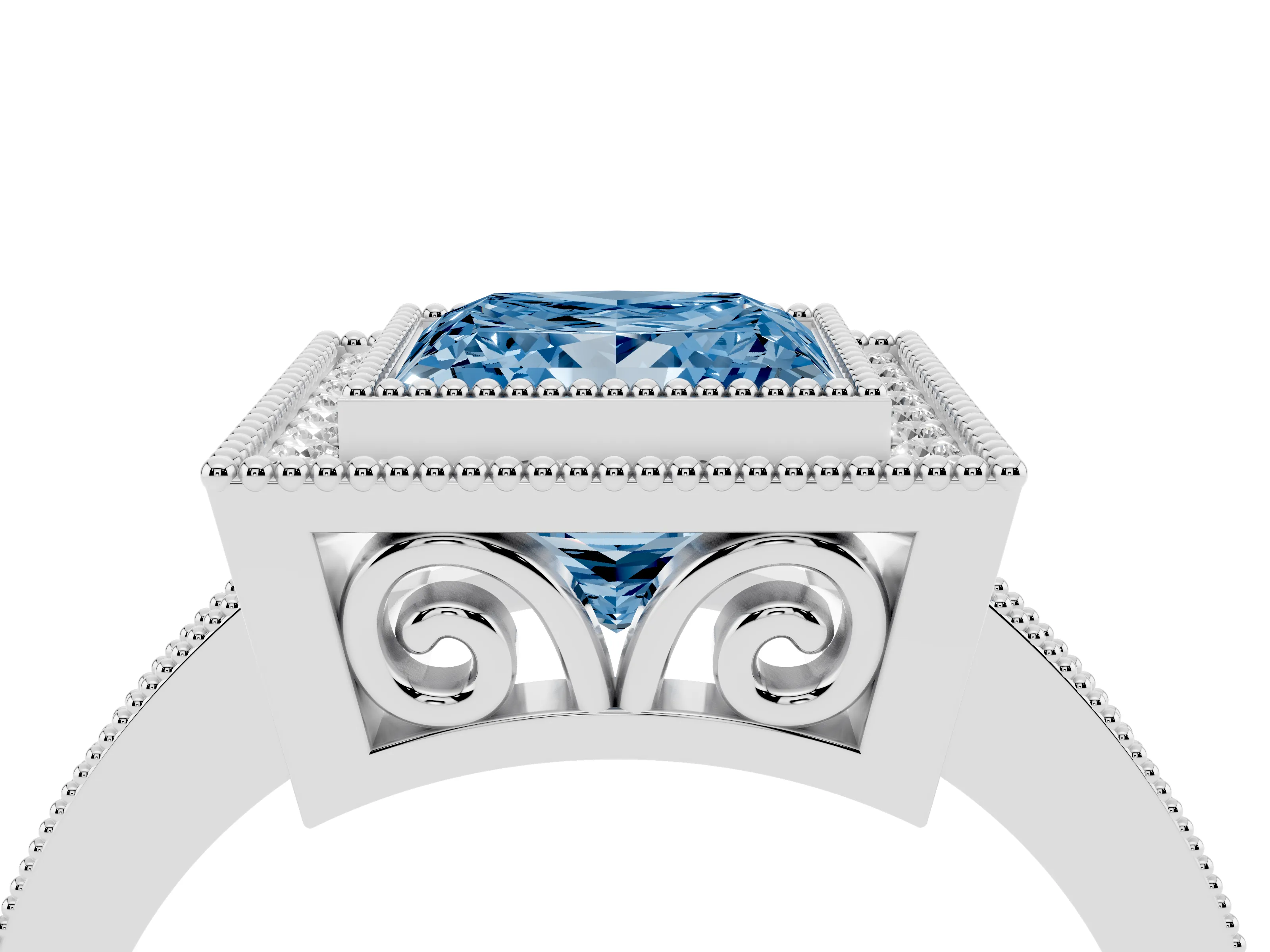 Fancy Blue Princess Cut Diamond Halo Ring Set in Silver with Pavé Band and Milgrain-Edged Prongs