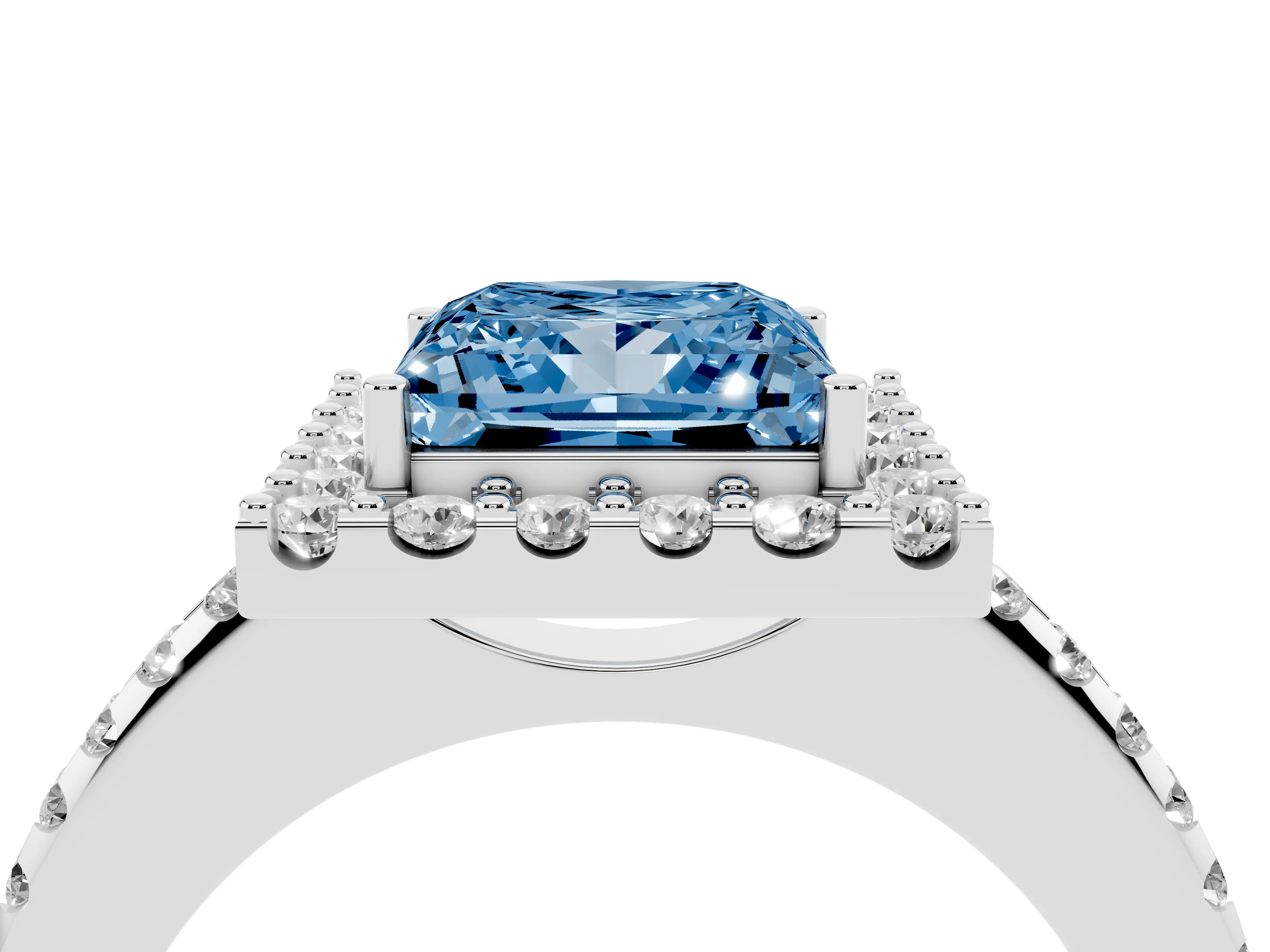 Fancy Blue Princess Cut Diamond Pavé Halo Ring Set in Silver with Prong Setting