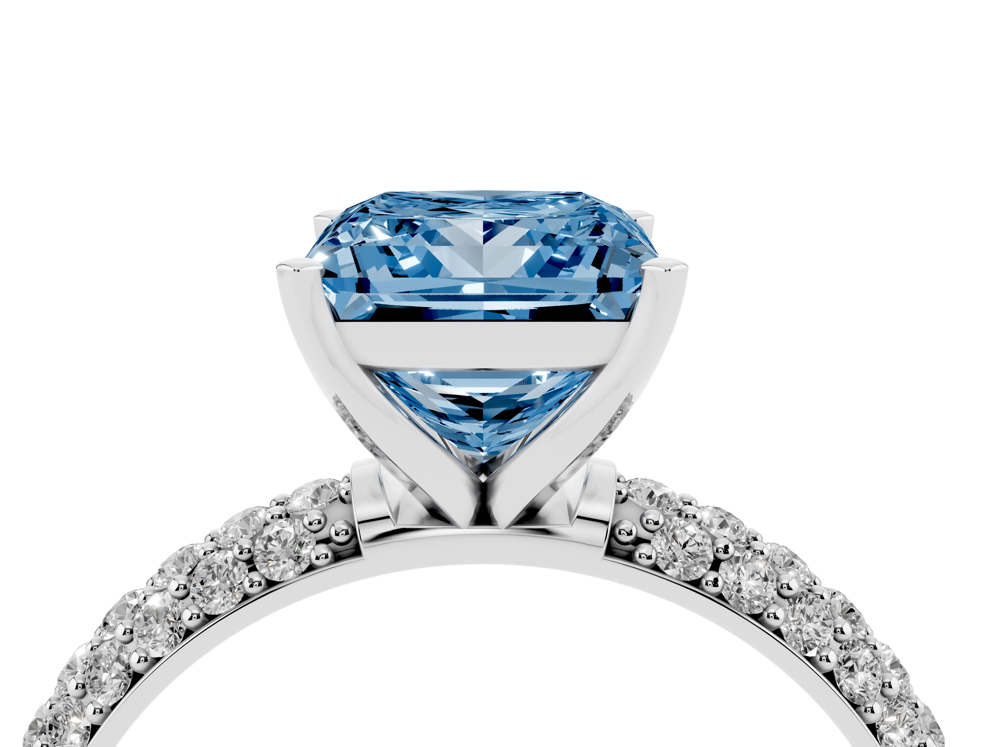 Fancy Blue Princess Cut Diamond Solitaire Ring Set in Platinum with Prong Setting and Pavé-Set Band