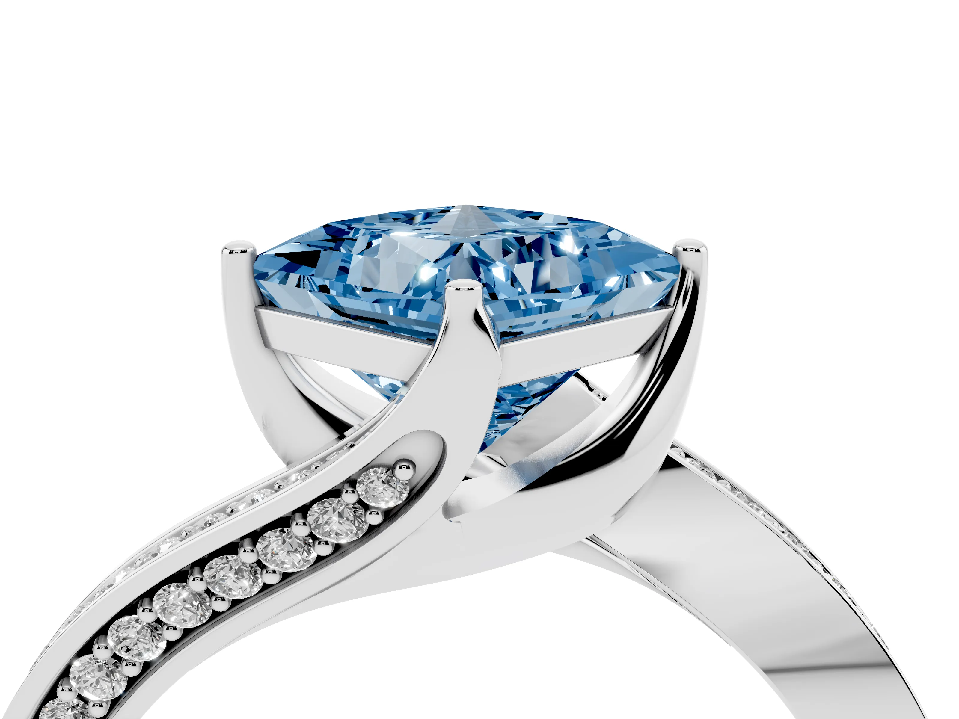 Fancy Blue Princess Cut Diamond Solitaire Ring Set in Platinum with Intertwined Pavé Twist Band