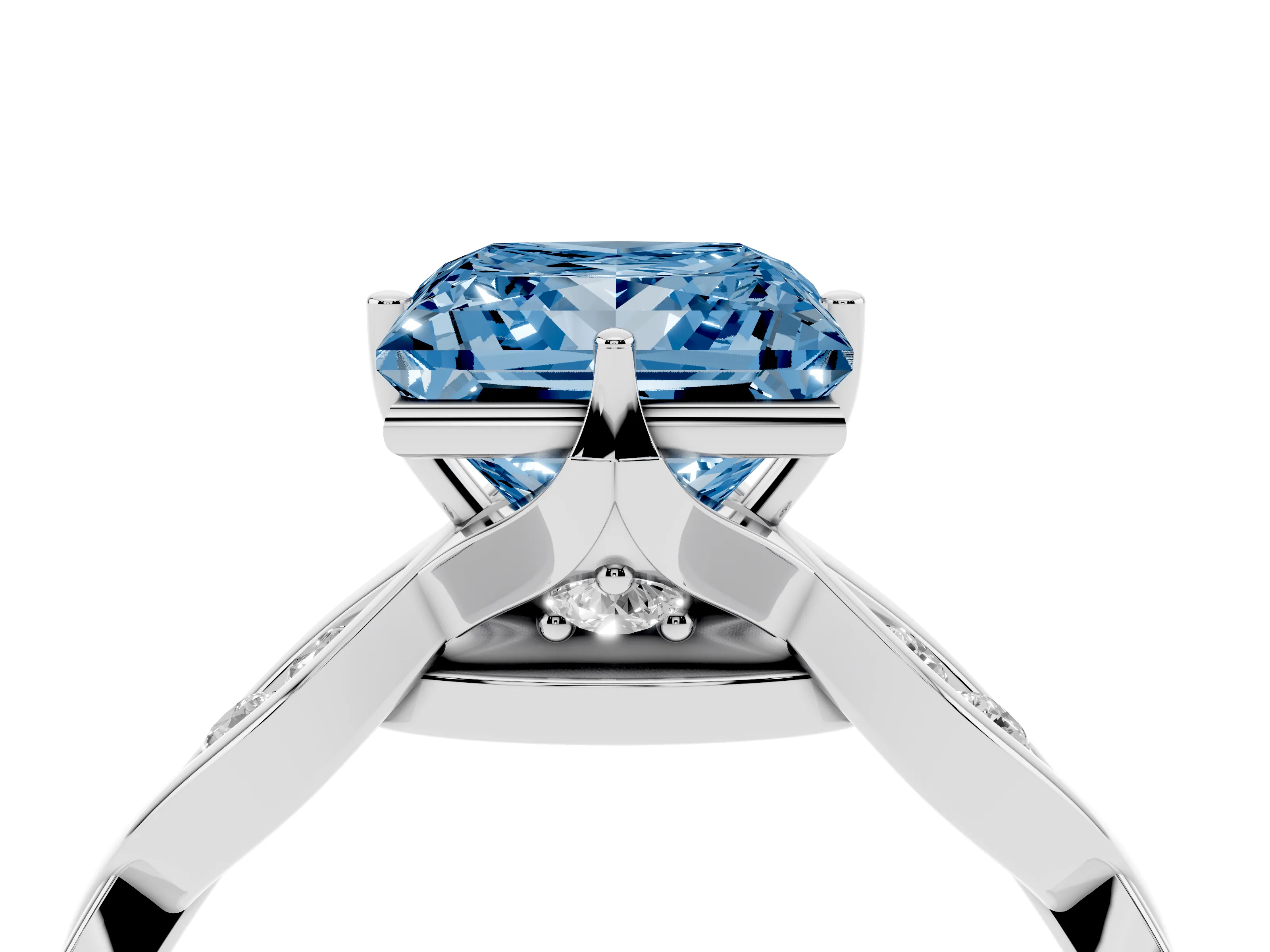 Fancy Blue Princess Cut Diamond Twist Band Solitaire Ring Set in Platinum with Leaf Prong Setting and Accent Stones