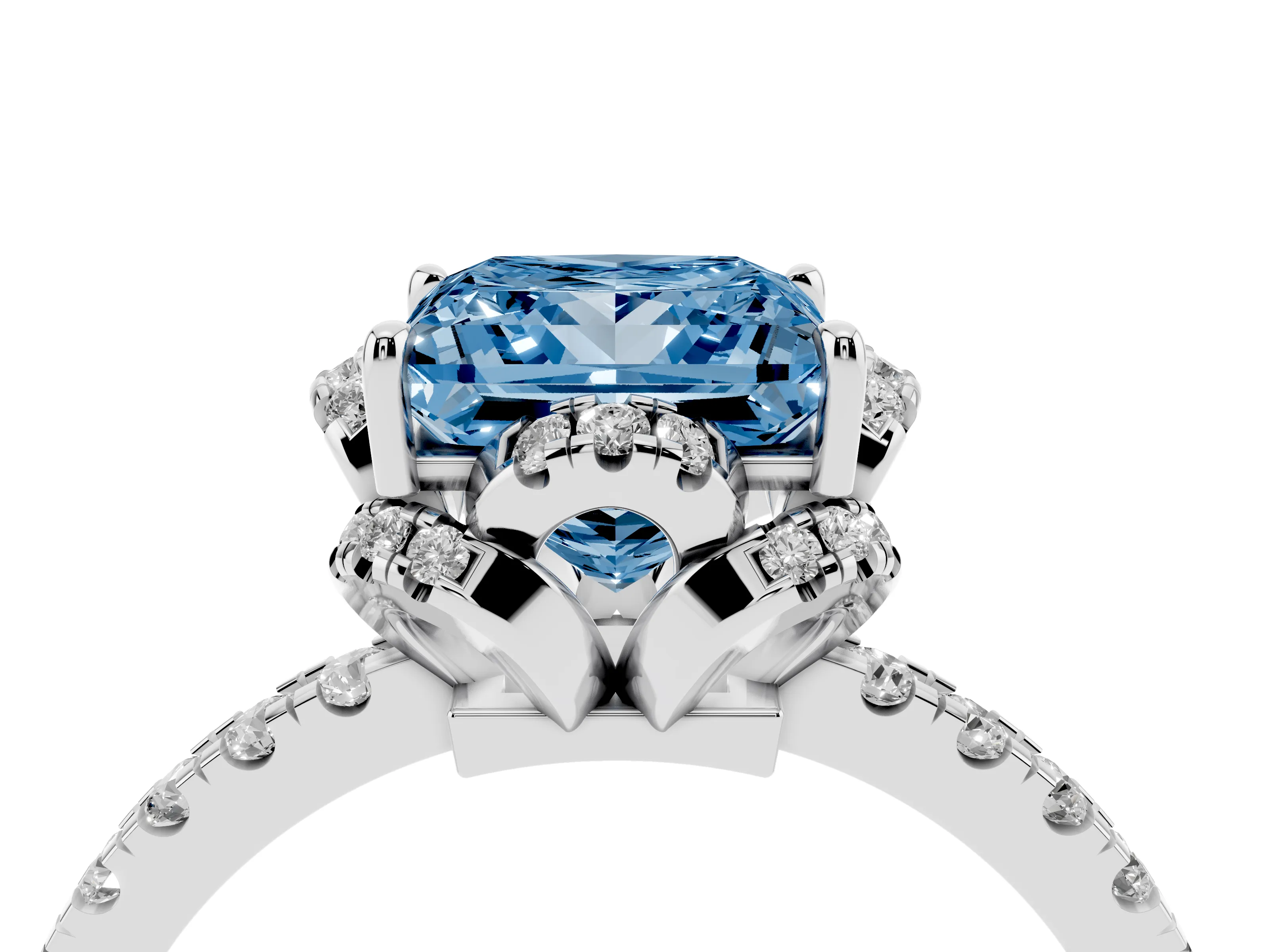 Fancy Blue Princess Cut Diamond Halo Pavé Band Ring Set in Platinum with Prong-Held Center