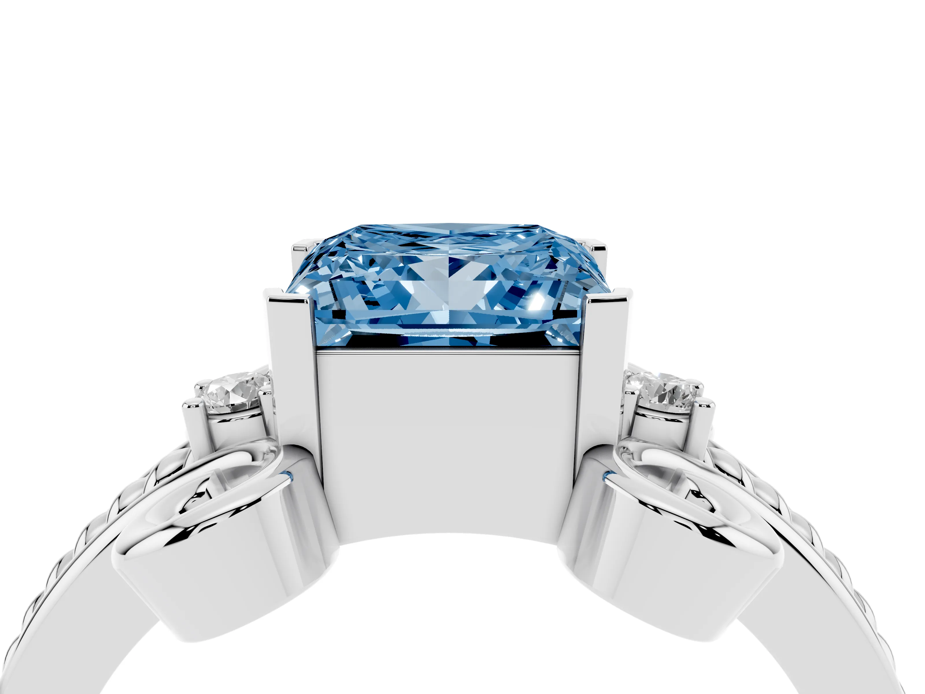 Fancy Blue Princess Cut Diamond Twisted Band Solitaire Ring Set in White gold with Scroll Prongs