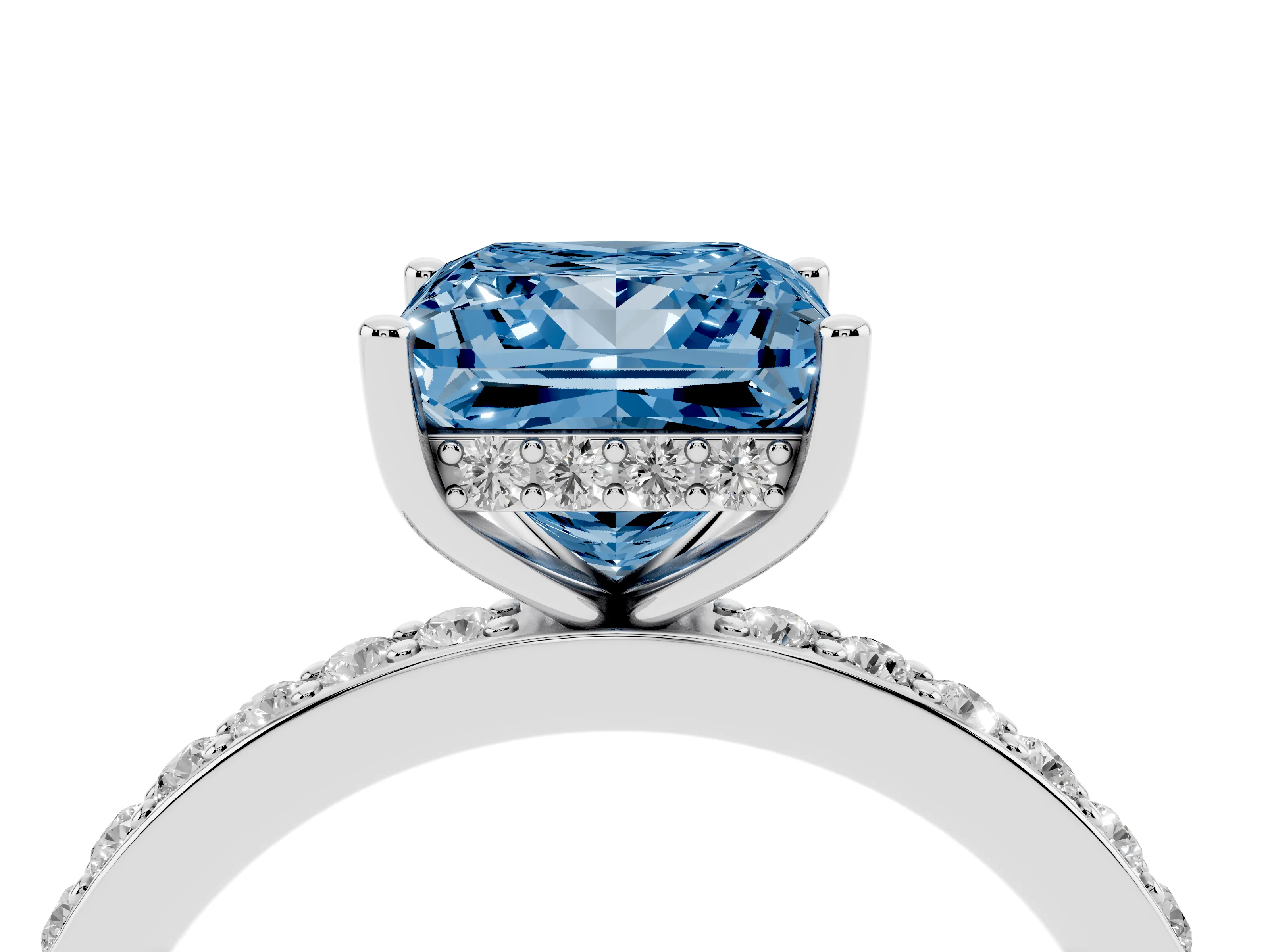 Fancy Blue Princess Cut Diamond Pavé Band Ring Set in White gold with Prong-Set Center Stone