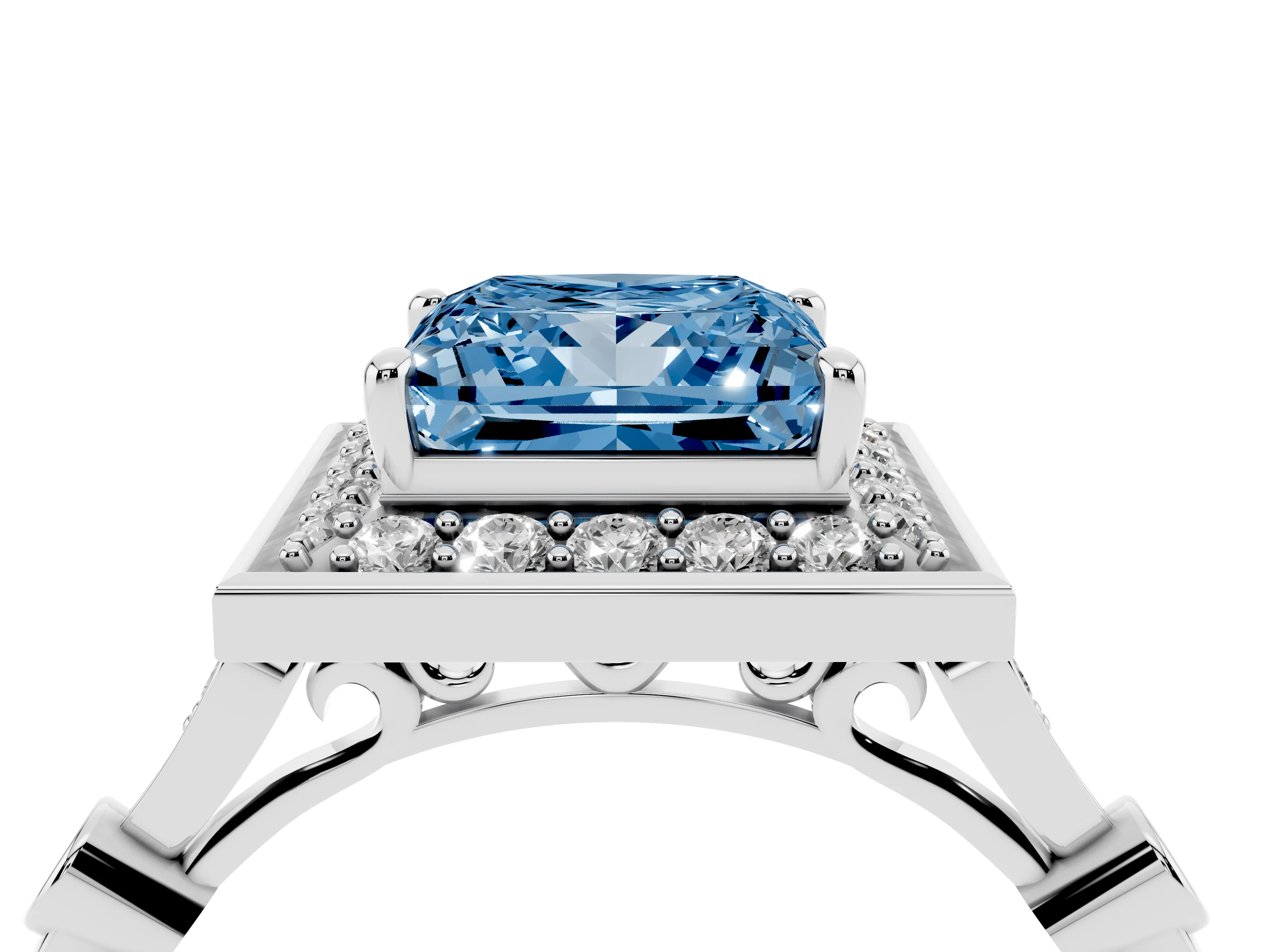 Fancy Blue Princess Cut Diamond Halo Engagement Ring Set in White gold with Twisted Band and Prong Setting