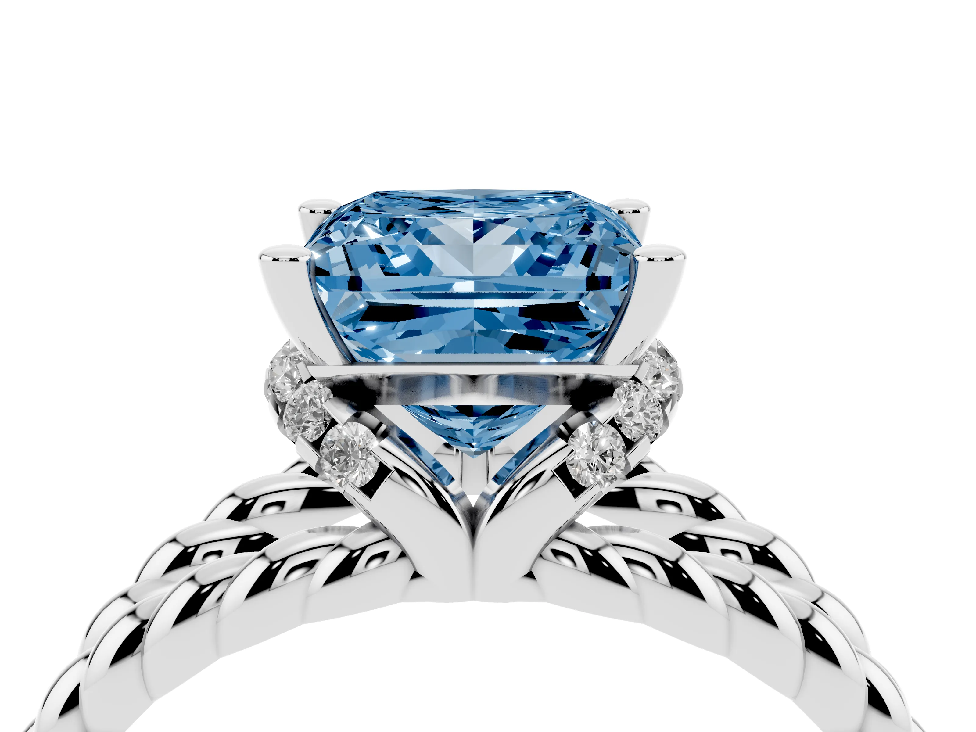 Fancy Blue Princess Cut Diamond Halo Ring Set in White gold with Twisted Band and Prong Setting
