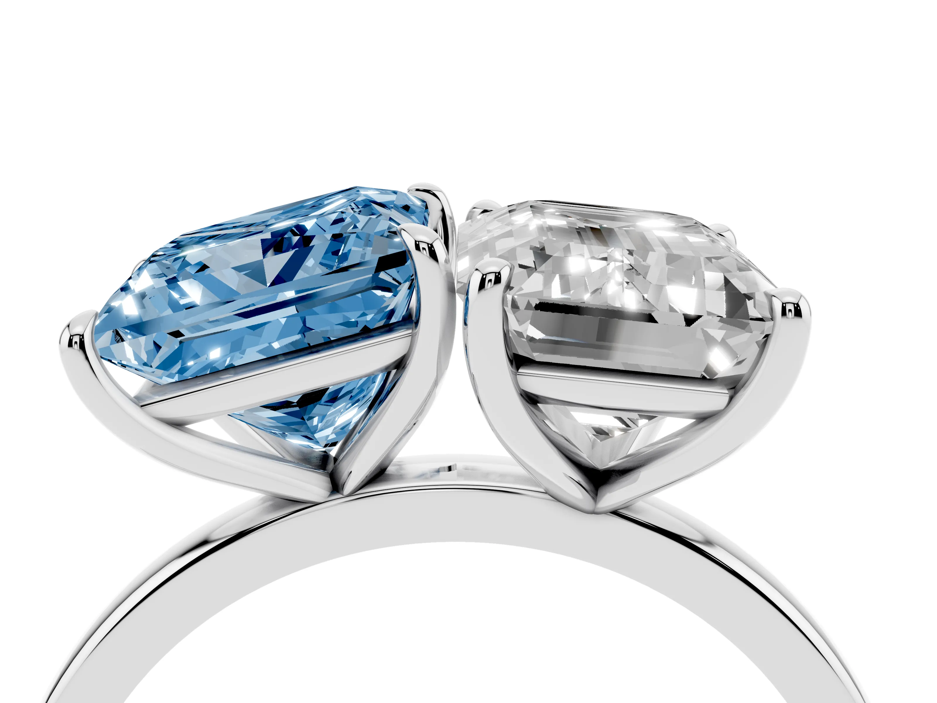 Fancy Blue Princess Cut and Emerald Cut Toi Moi Ring Set in Silver with Prong Setting