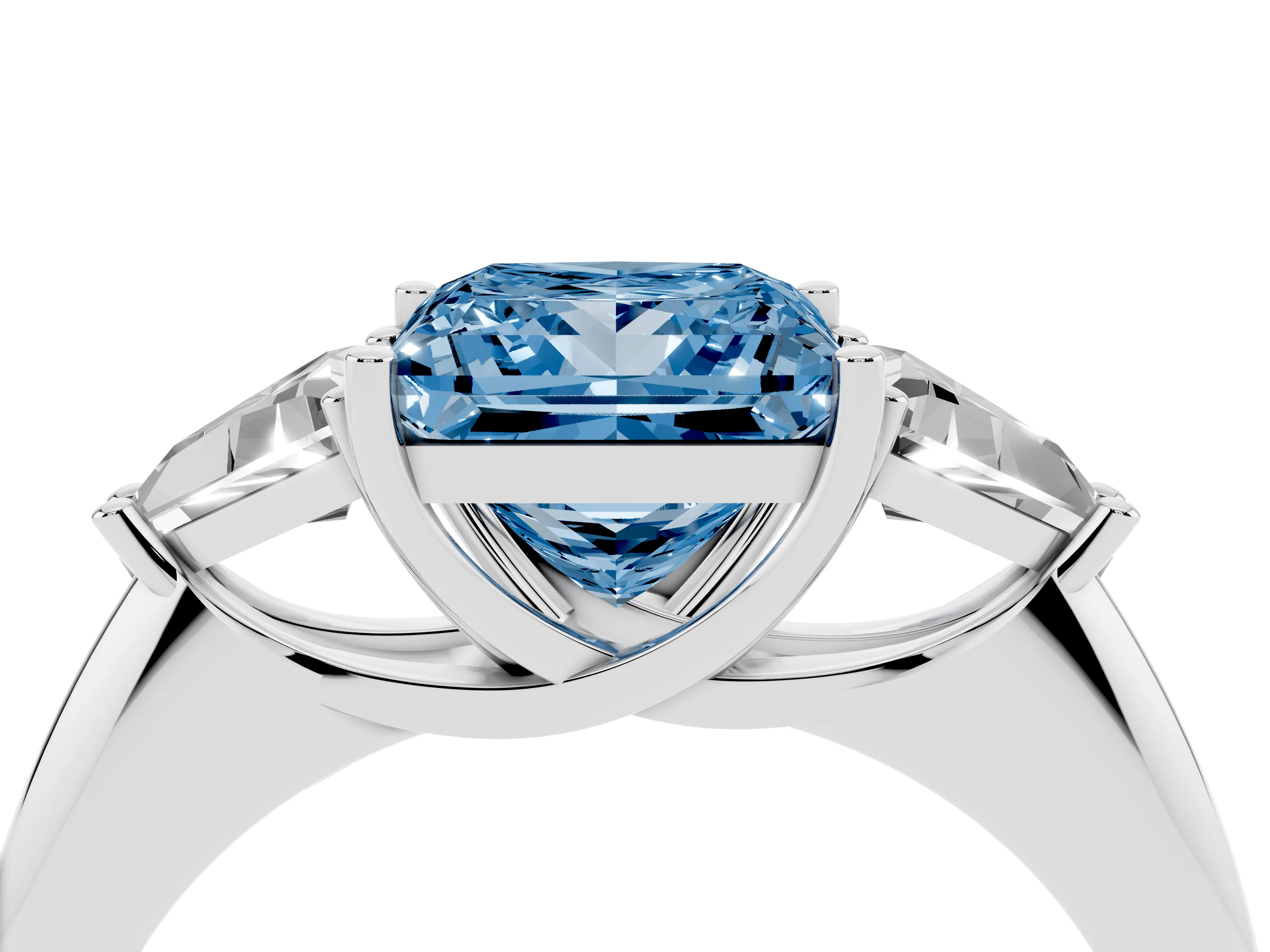Fancy Blue Princess Cut Diamond Three-Stone Engagement Ring Set in Silver with Trillion Side Stones