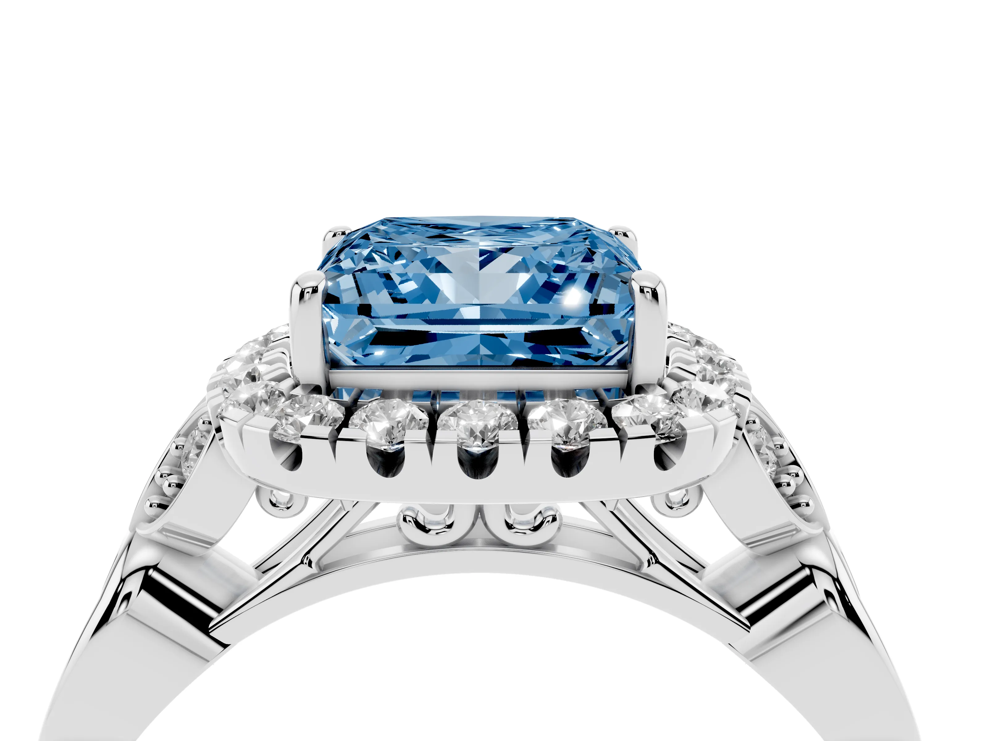 Fancy Blue Princess Cut Diamond Halo Engagement Ring Set in Platinum with Vintage-Inspired Band and Prong Setting