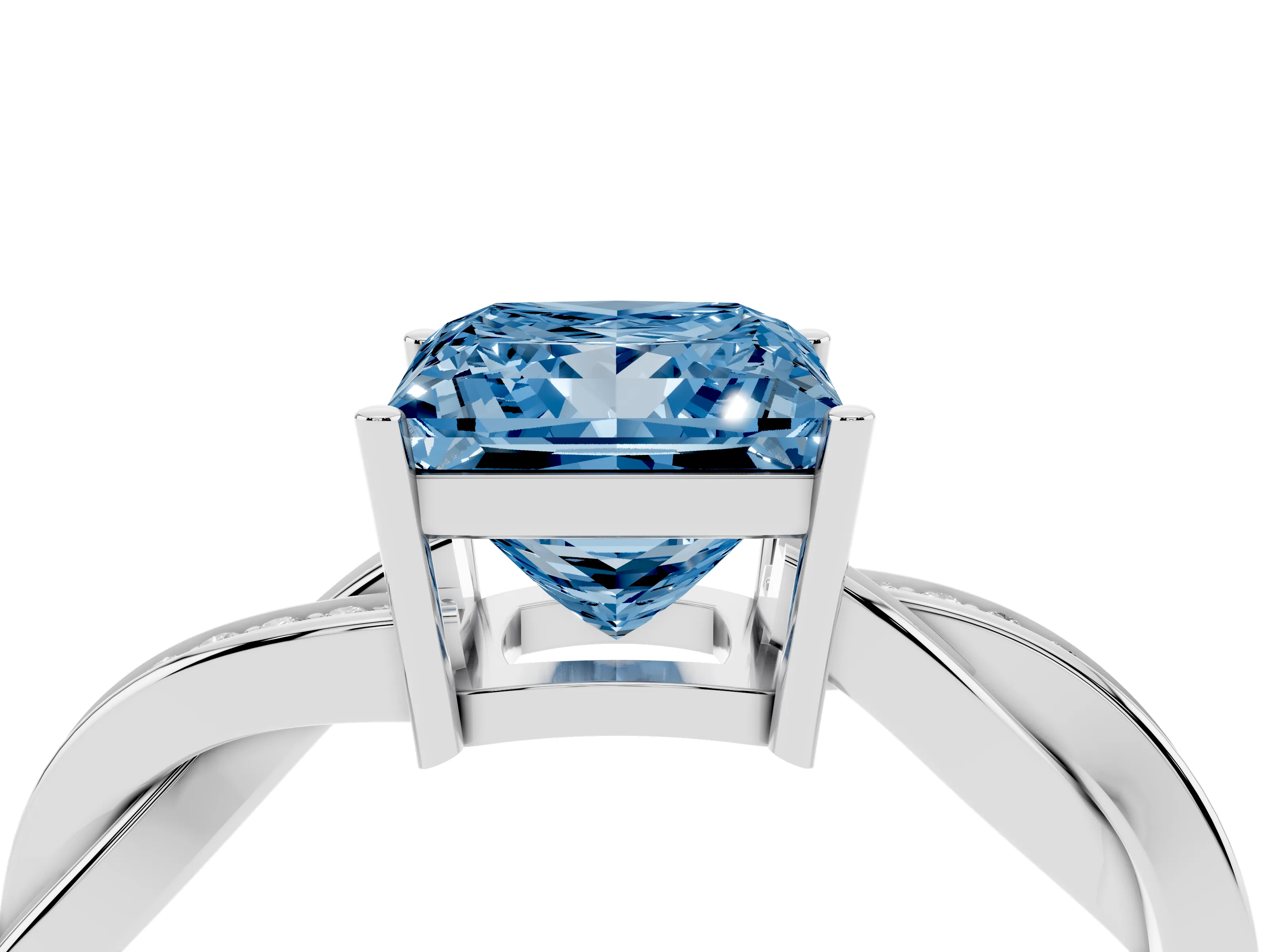 Fancy Blue Princess Cut Diamond Solitaire Twisted Pavé Ring Set in Silver with Prong Setting