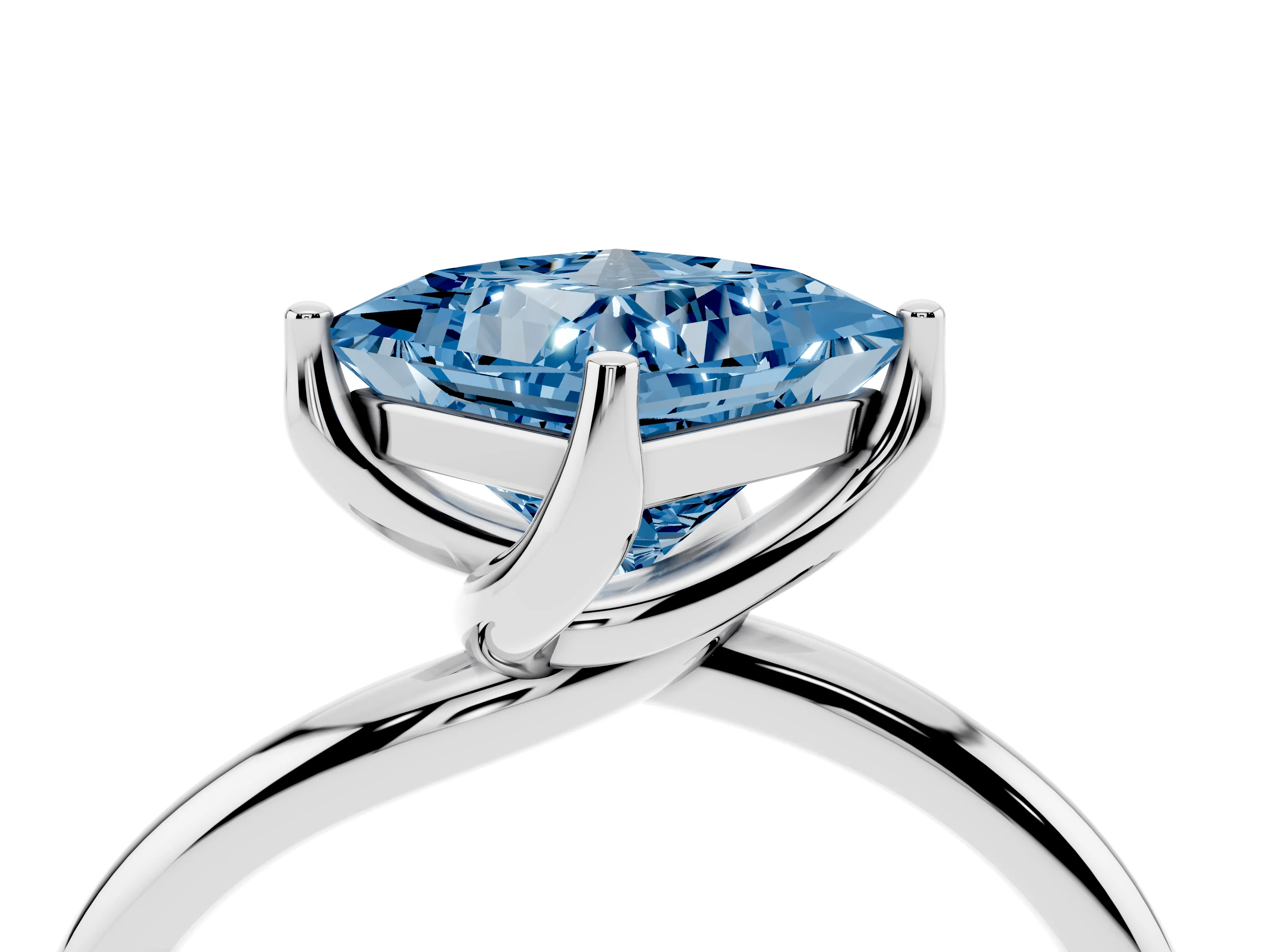 Fancy Blue Princess Cut Diamond Solitaire Engagement Ring Set in Silver with Classic Plain Band