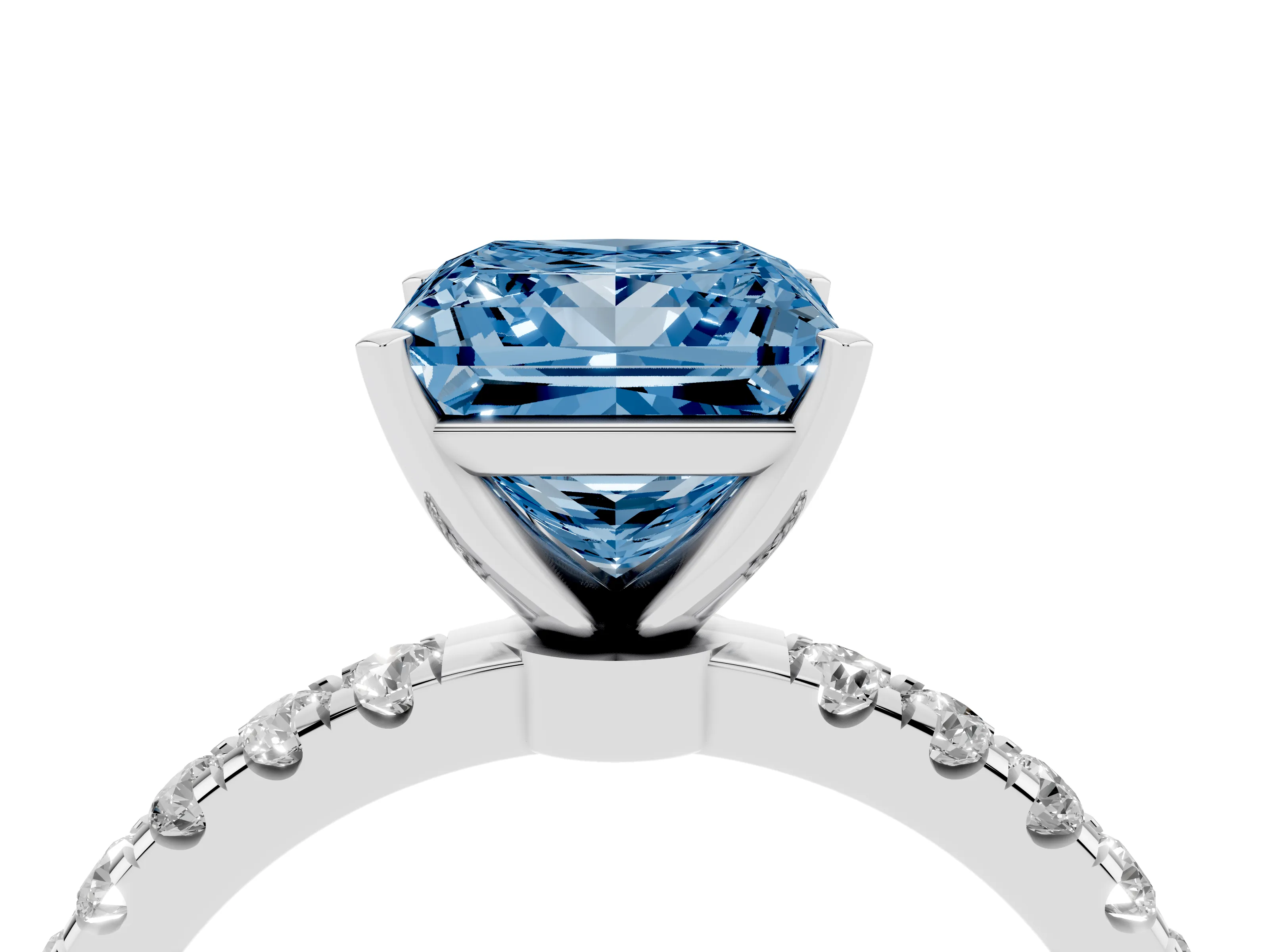 Fancy Blue Princess Cut Diamond Solitaire Ring Set in Silver with Pavé Accents and Prong Setting