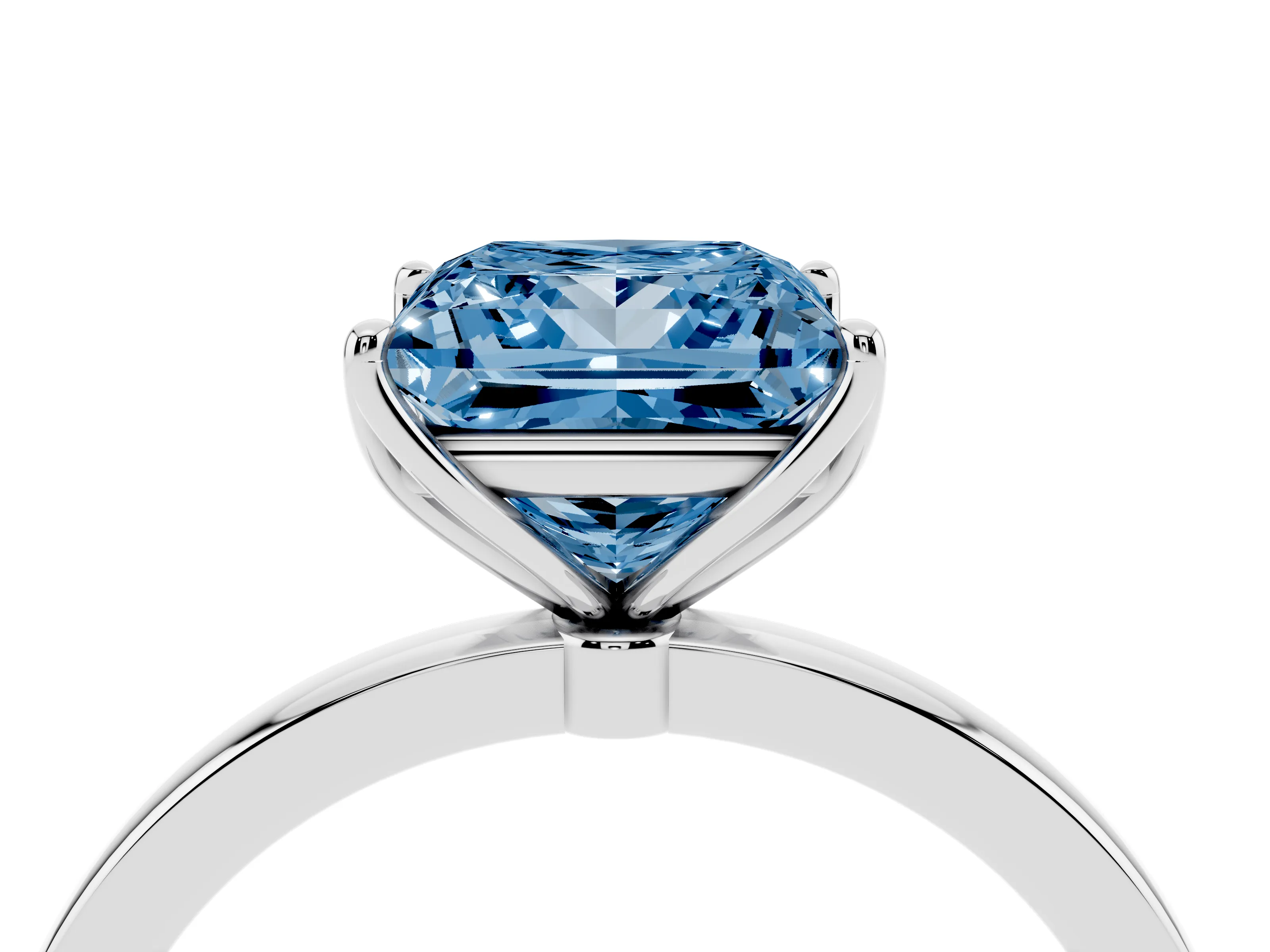 Fancy Blue Princess Cut Diamond Solitaire Ring Set in White gold with Prong Setting and Thin Polished Band