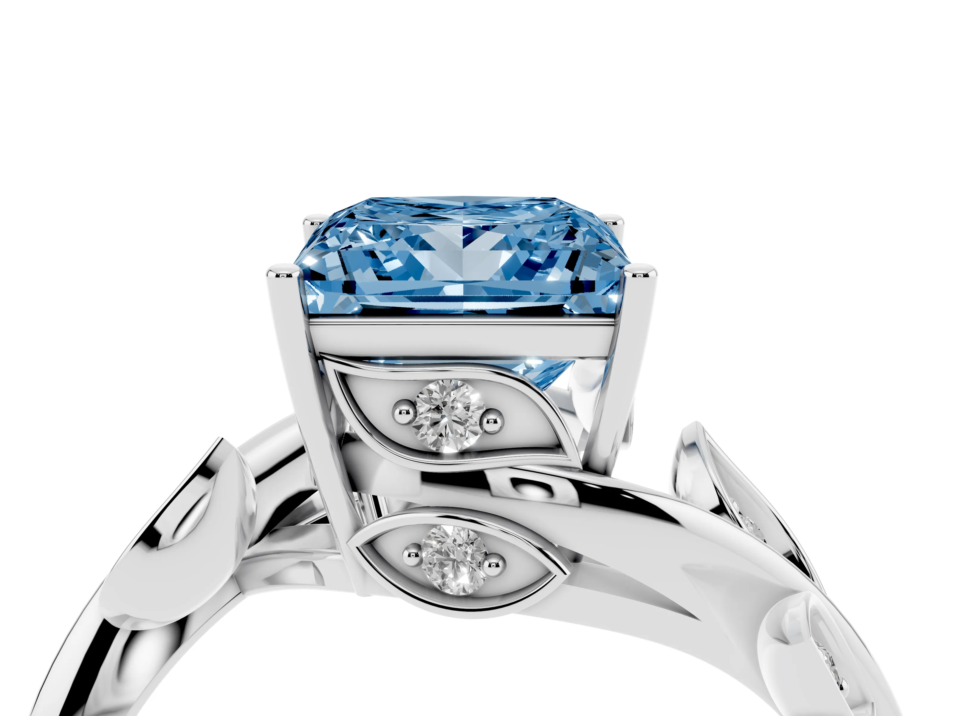 Fancy Blue Princess Cut Diamond Solitaire Twist Engagement Ring Set in White gold with Pavé Leaf Accents