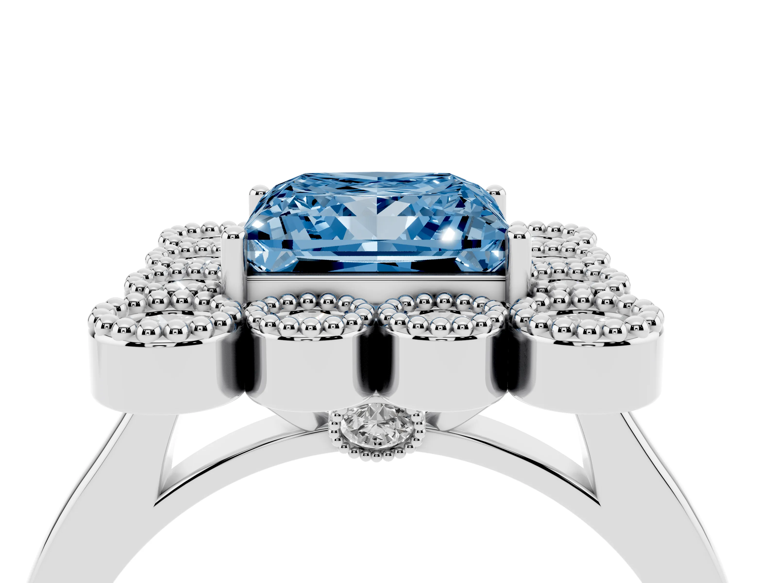 Fancy Blue Princess Cut Diamond Cluster Halo Ring Set in White gold with Milgrain Bezel Accents and Plain Band
