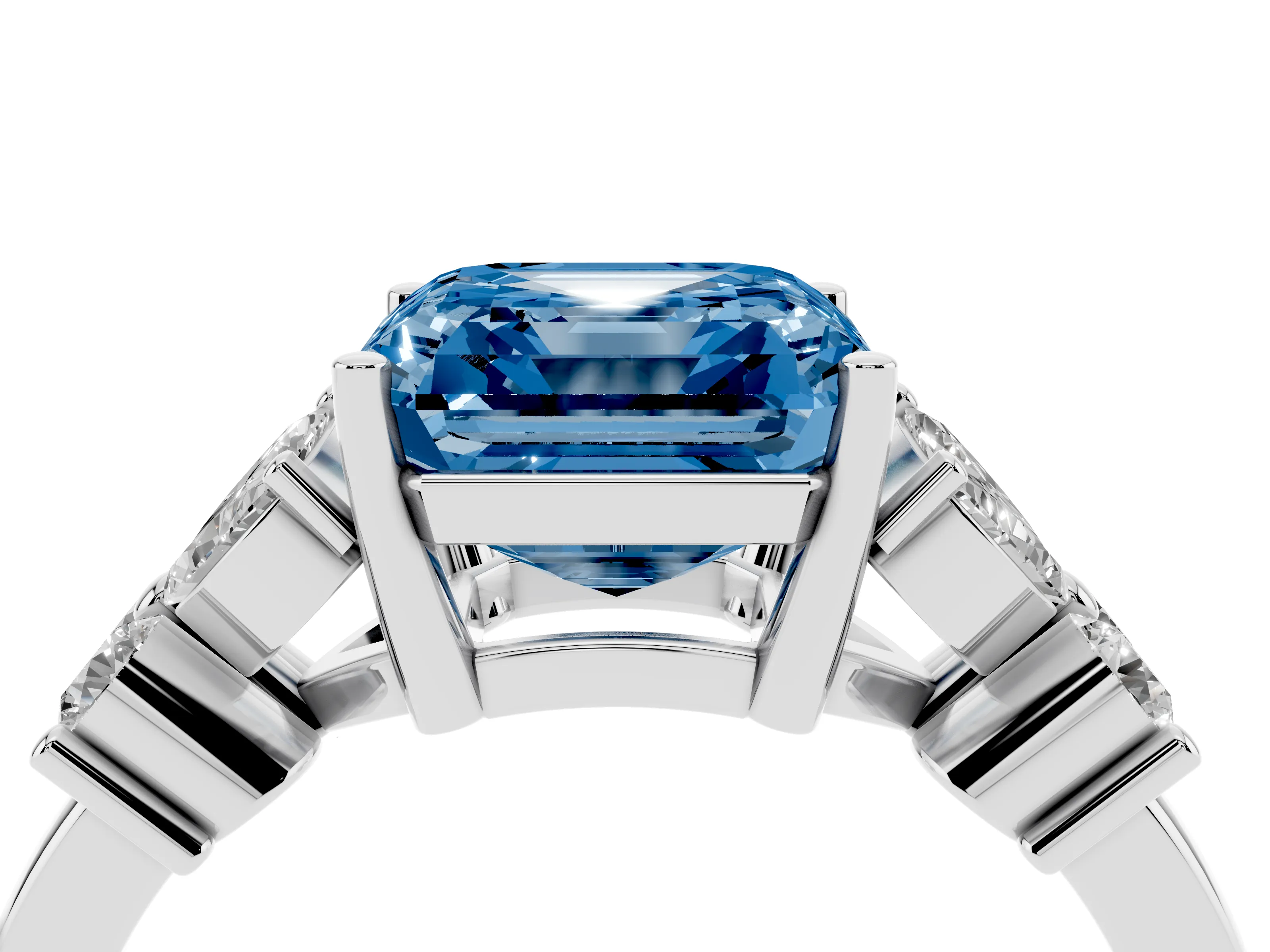 Fancy Blue Princess Cut Diamond Floral Cluster Ring Set in White gold with Marquise Petals and Prong Setting