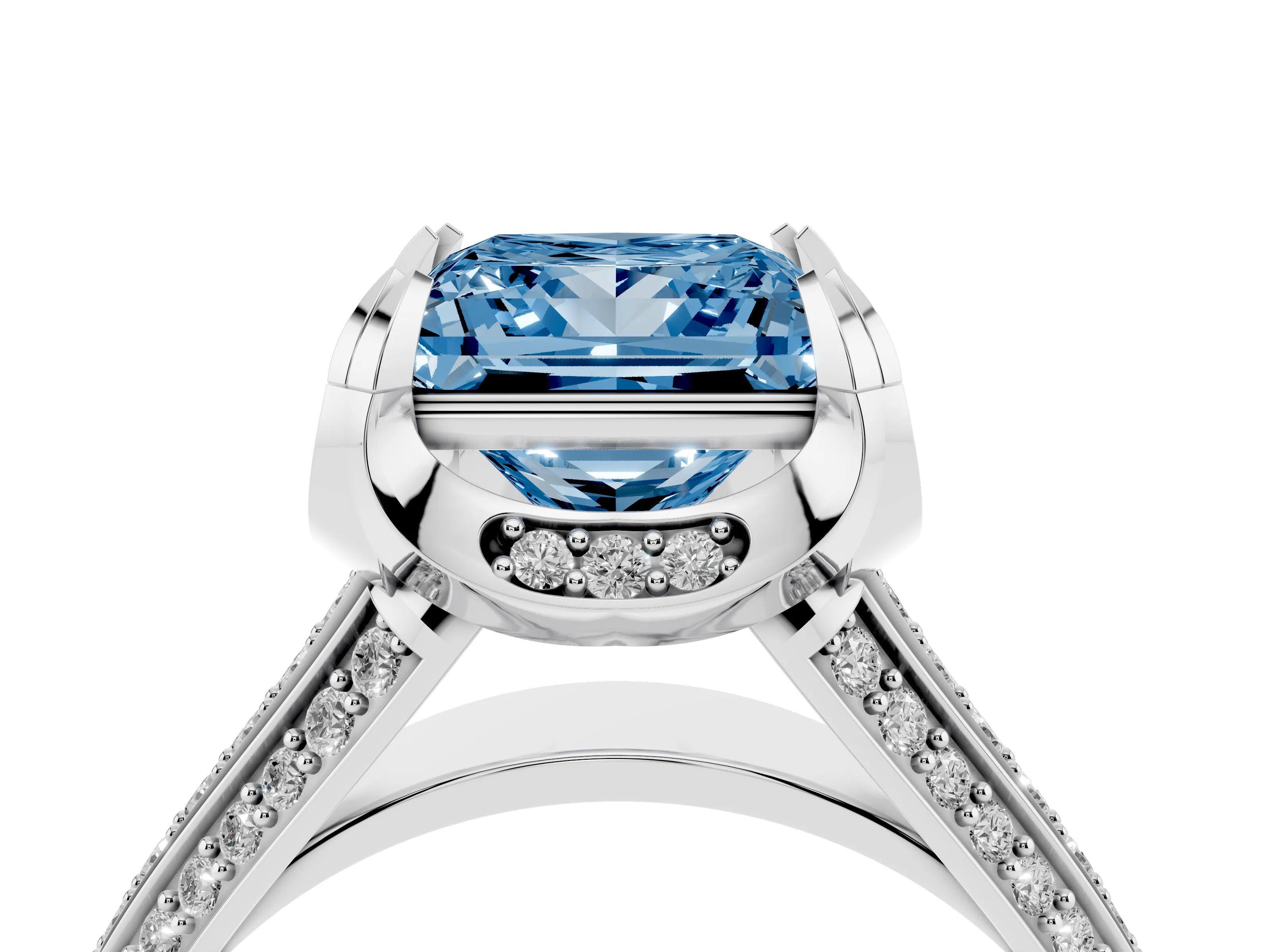 Fancy Blue Princess Cut Diamond Pavé Split Shank Solitaire Ring Set in Silver with Prong Setting