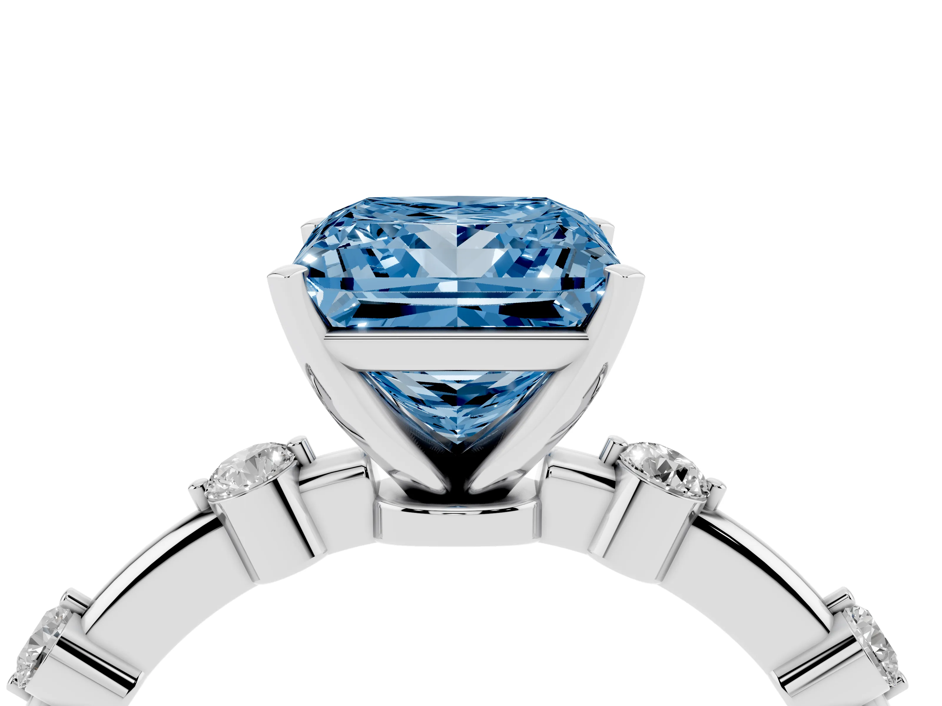 Fancy Blue Princess Cut Diamond Solitaire Ring Set in Silver with Bezel Set Side Stones and Prong Setting