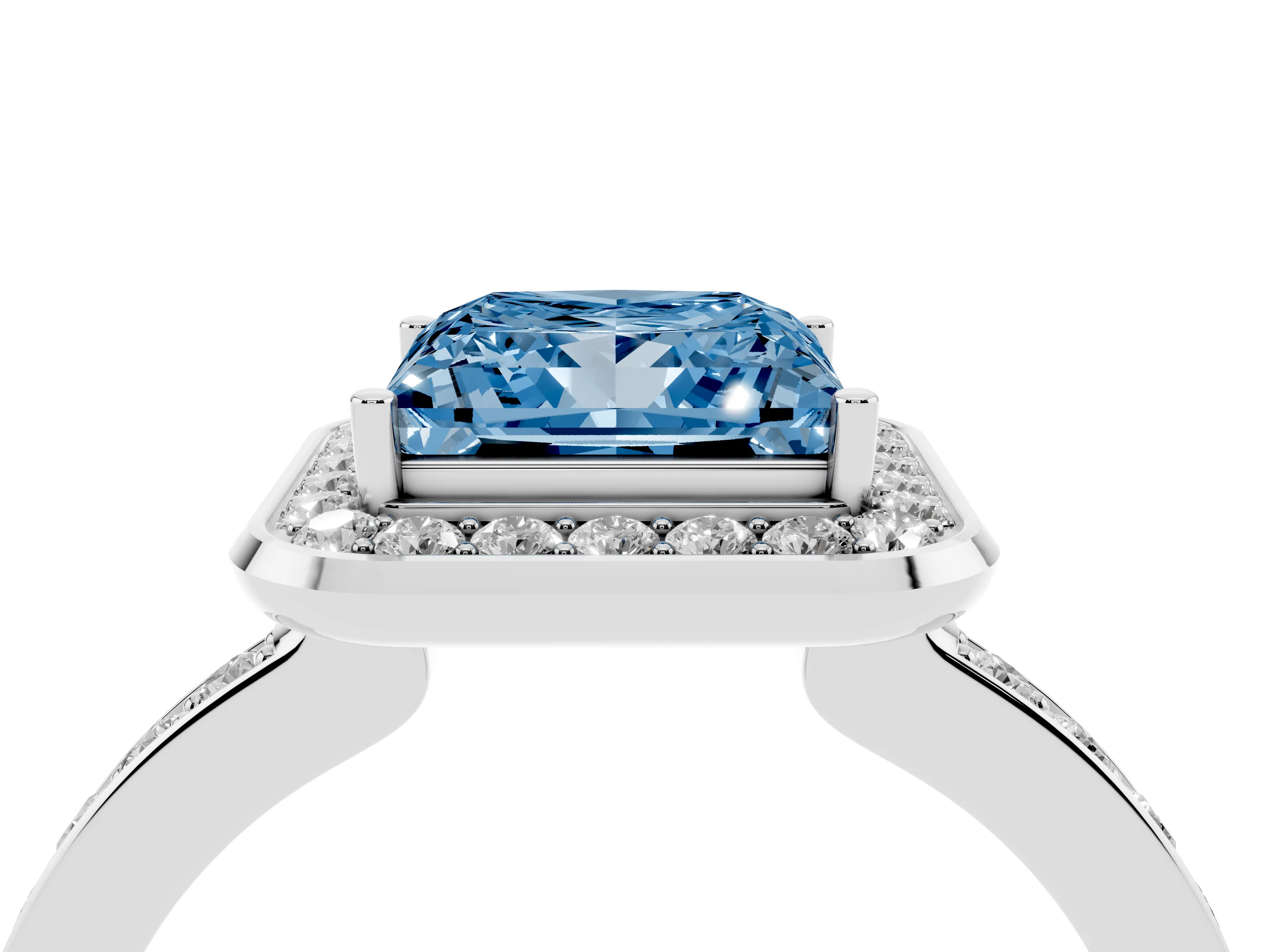 Fancy Blue Princess Cut Diamond Halo Ring Set in Platinum with Bezel Frame and Pavé Band