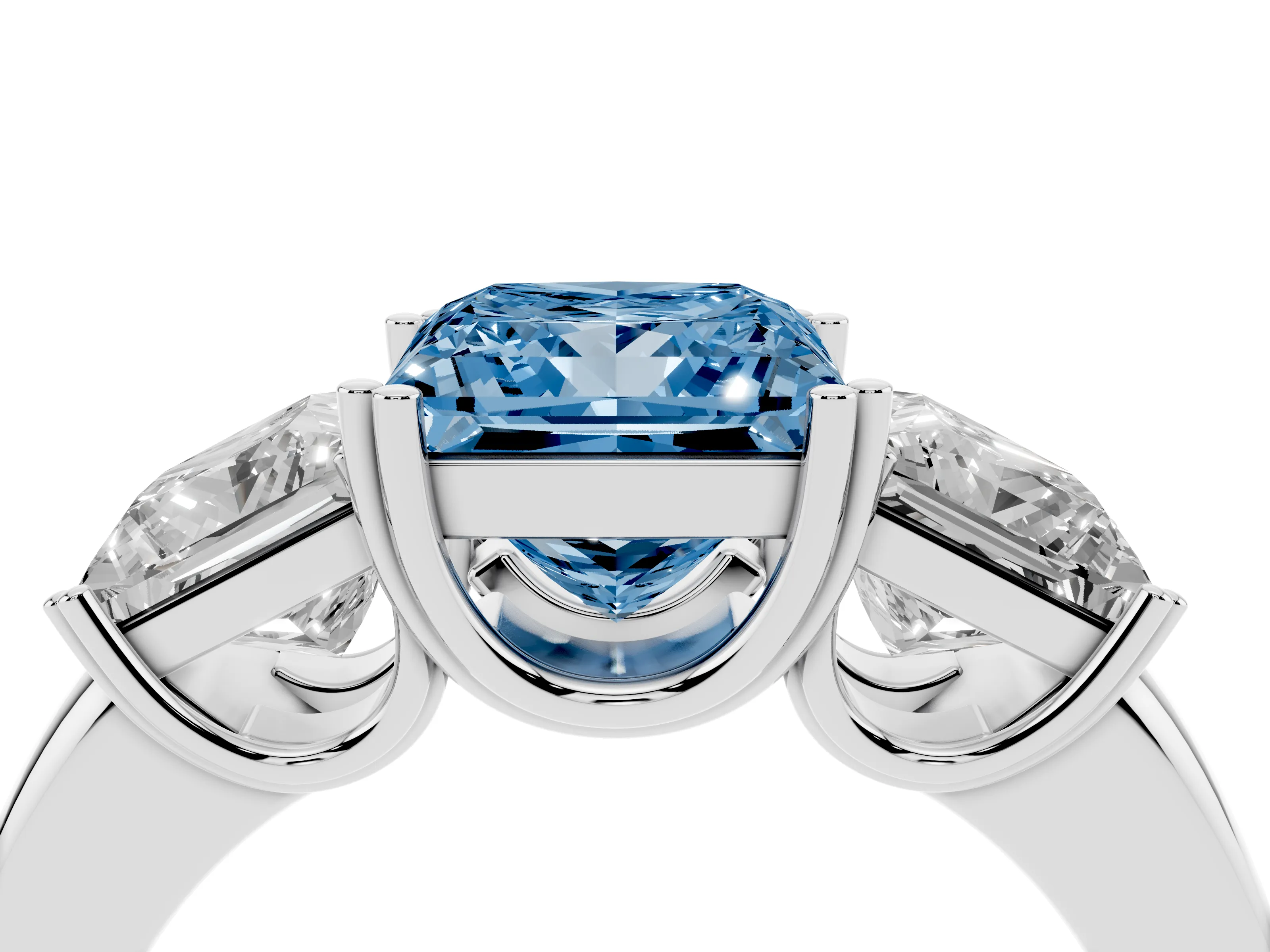 Fancy Blue Princess Cut Diamond Three-Stone Ring Set in Platinum with Polished Channel-Set Band