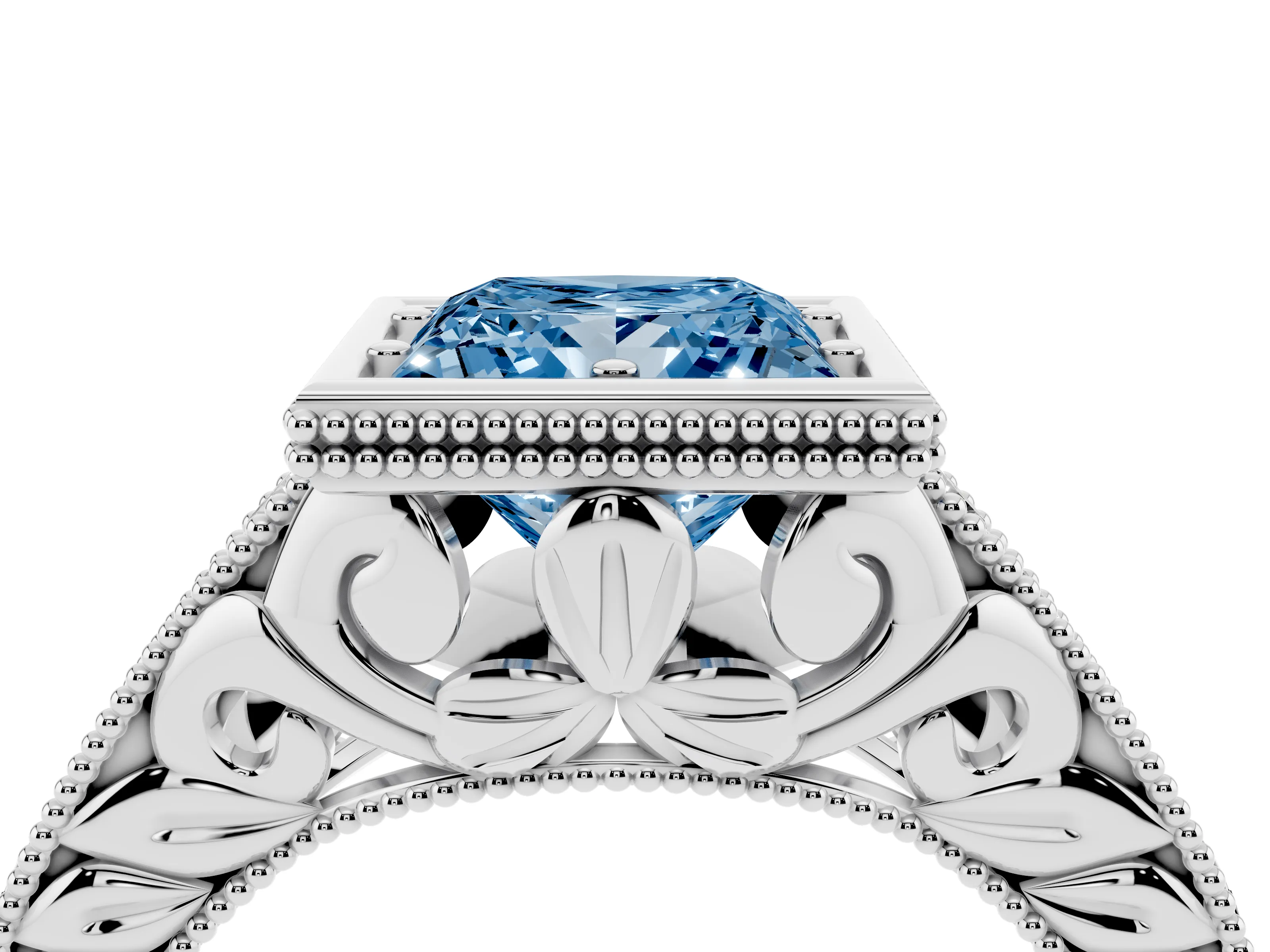 Fancy Blue Bezel Set Princess Cut Diamond Milgrain Pavé Engagement Ring Set in White gold