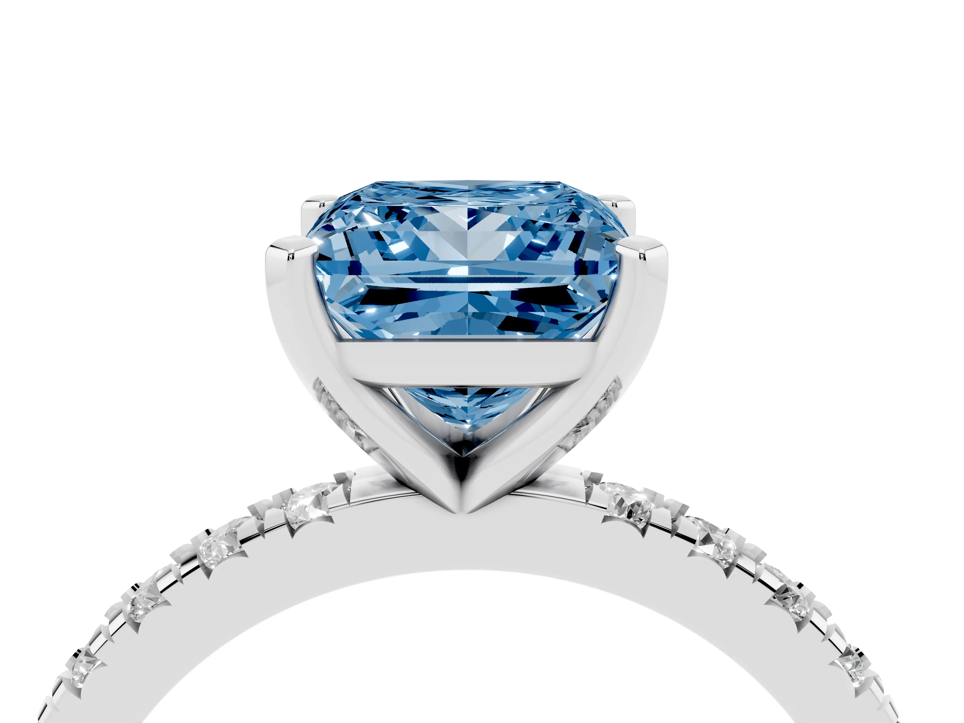Fancy Blue Princess Cut Diamond Pavé Band Solitaire Set in Silver with Prong Setting