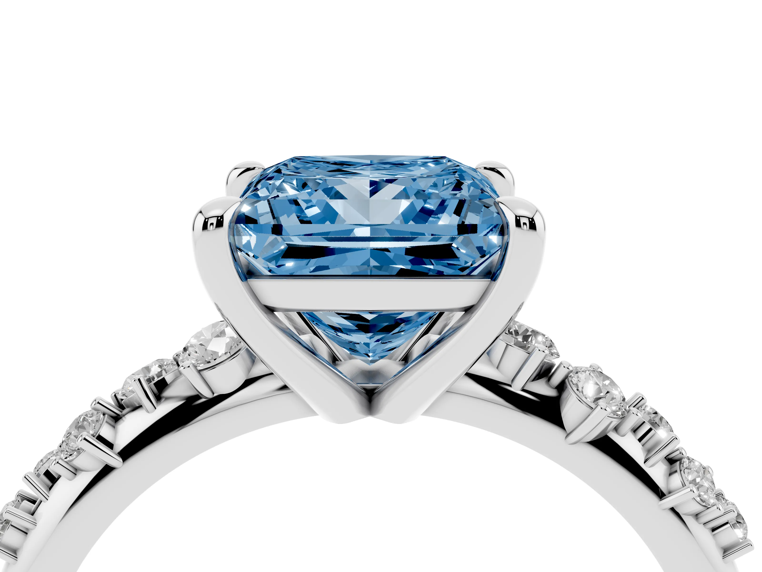 Fancy Blue Princess Cut Diamond Solitaire Vine Band Ring Set in Platinum with Round Accents and Prong Setting