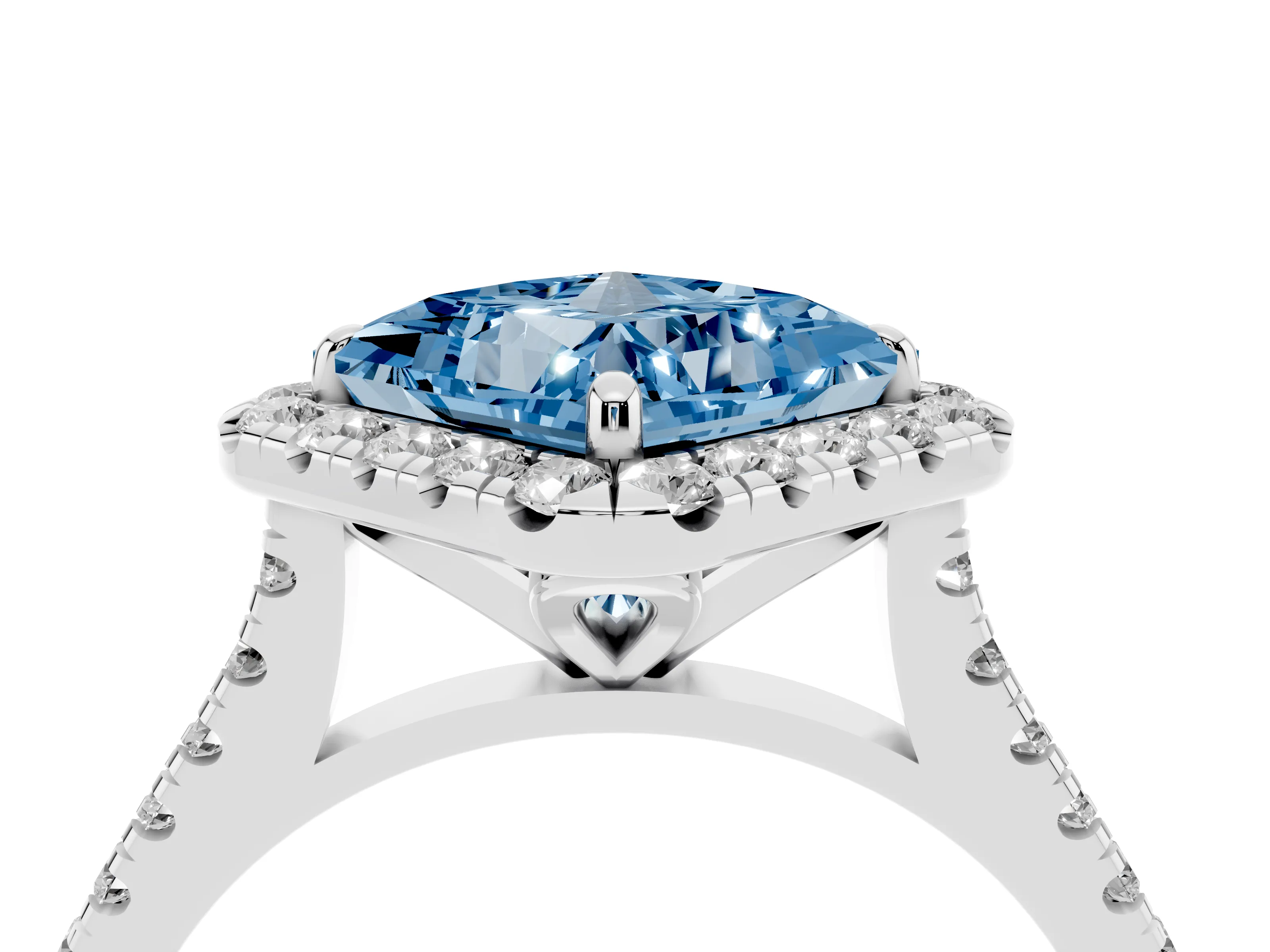 Fancy Blue Princess Cut Diamond Cushion Halo Ring Set in Silver with Pavé Band