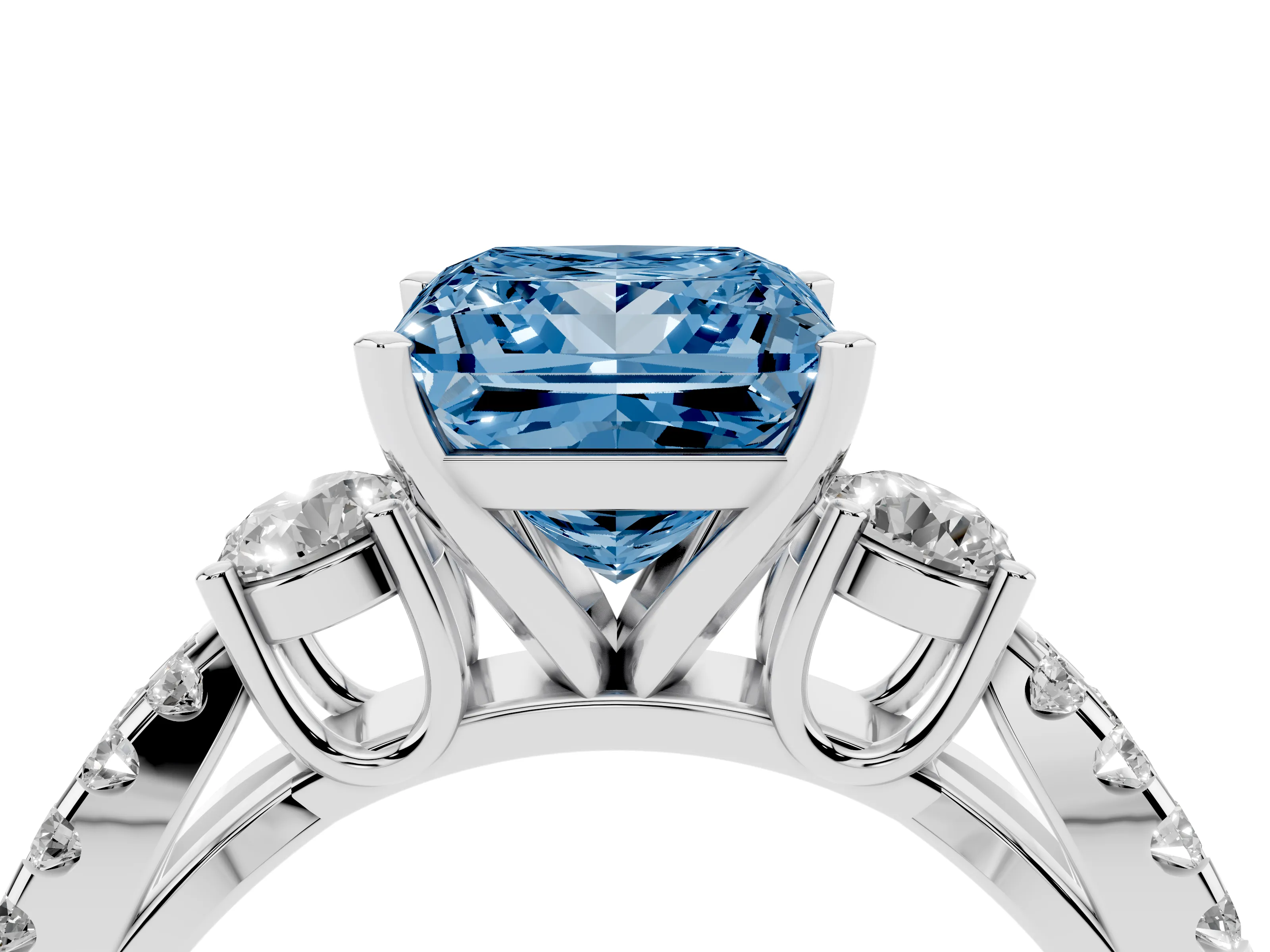 Fancy Blue Princess Cut Diamond Three-Stone Ring Set in Platinum with Pavé Split Shank and Prong Setting