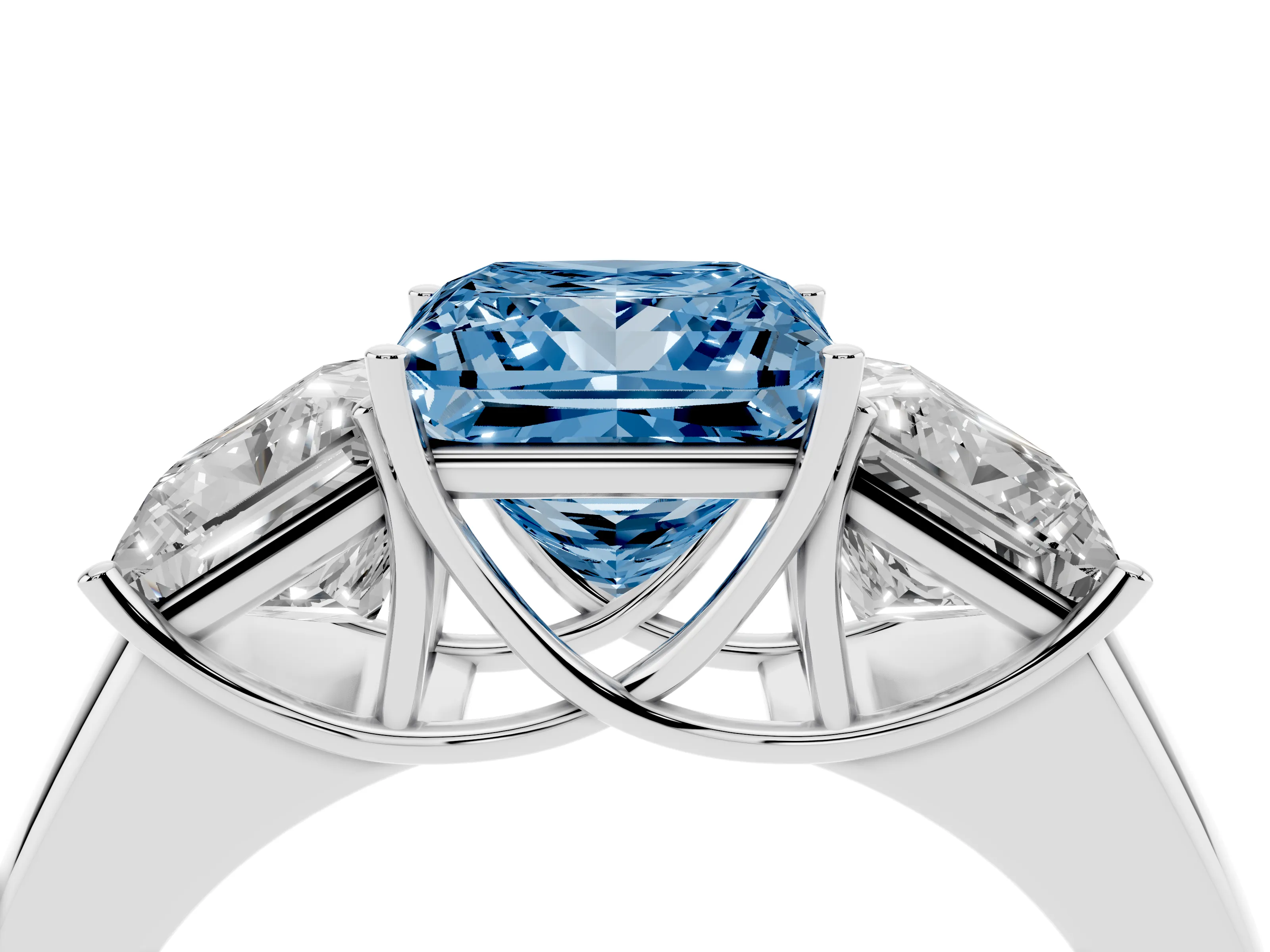 Fancy Blue Three-Stone Princess Cut Diamond Ring Set in Platinum with Matching Prong Settings and Plain Band