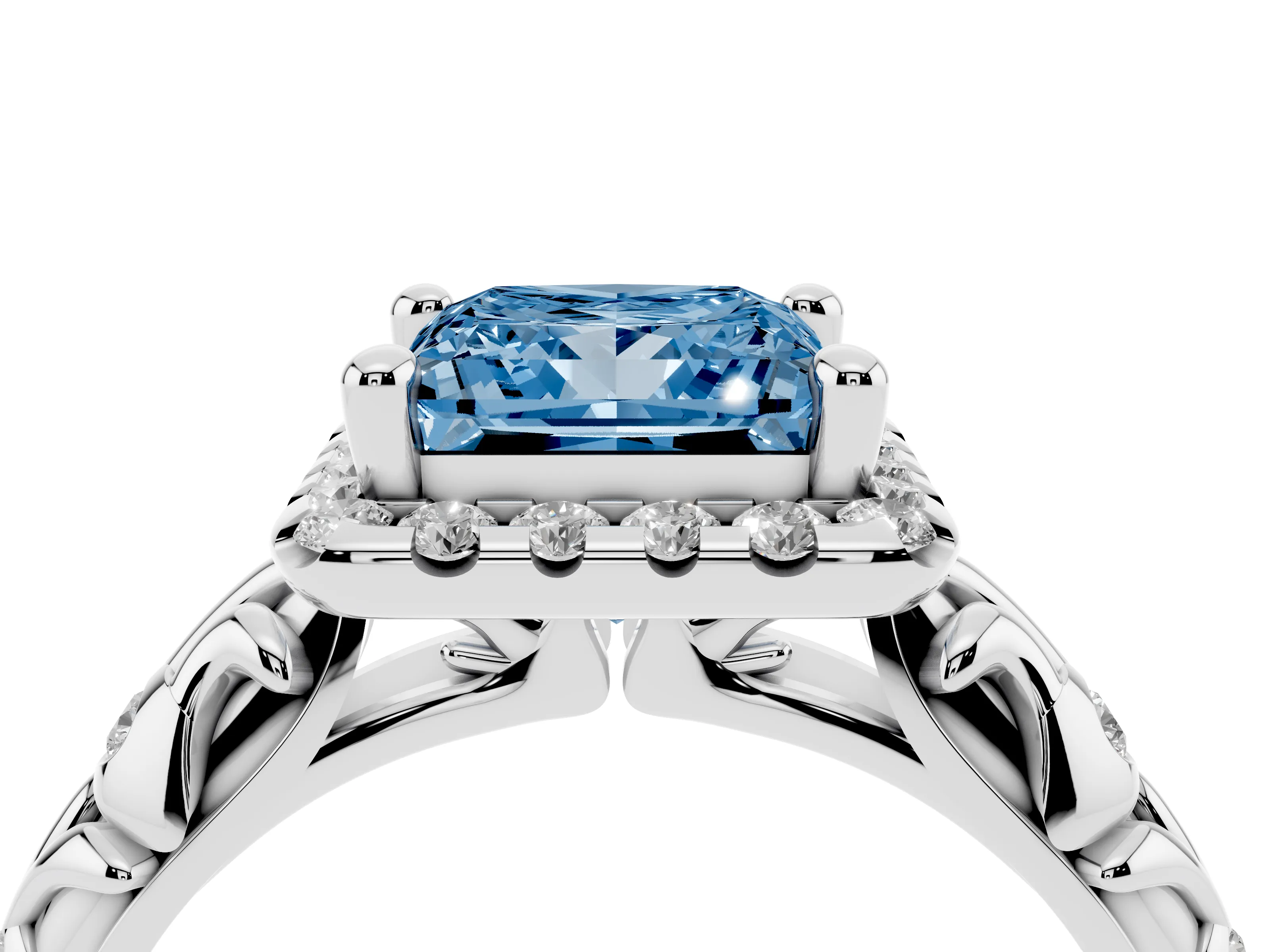 Fancy Blue Princess Cut Diamond Halo Ring Set in Silver with Filigree Leaf Band and Prong Setting