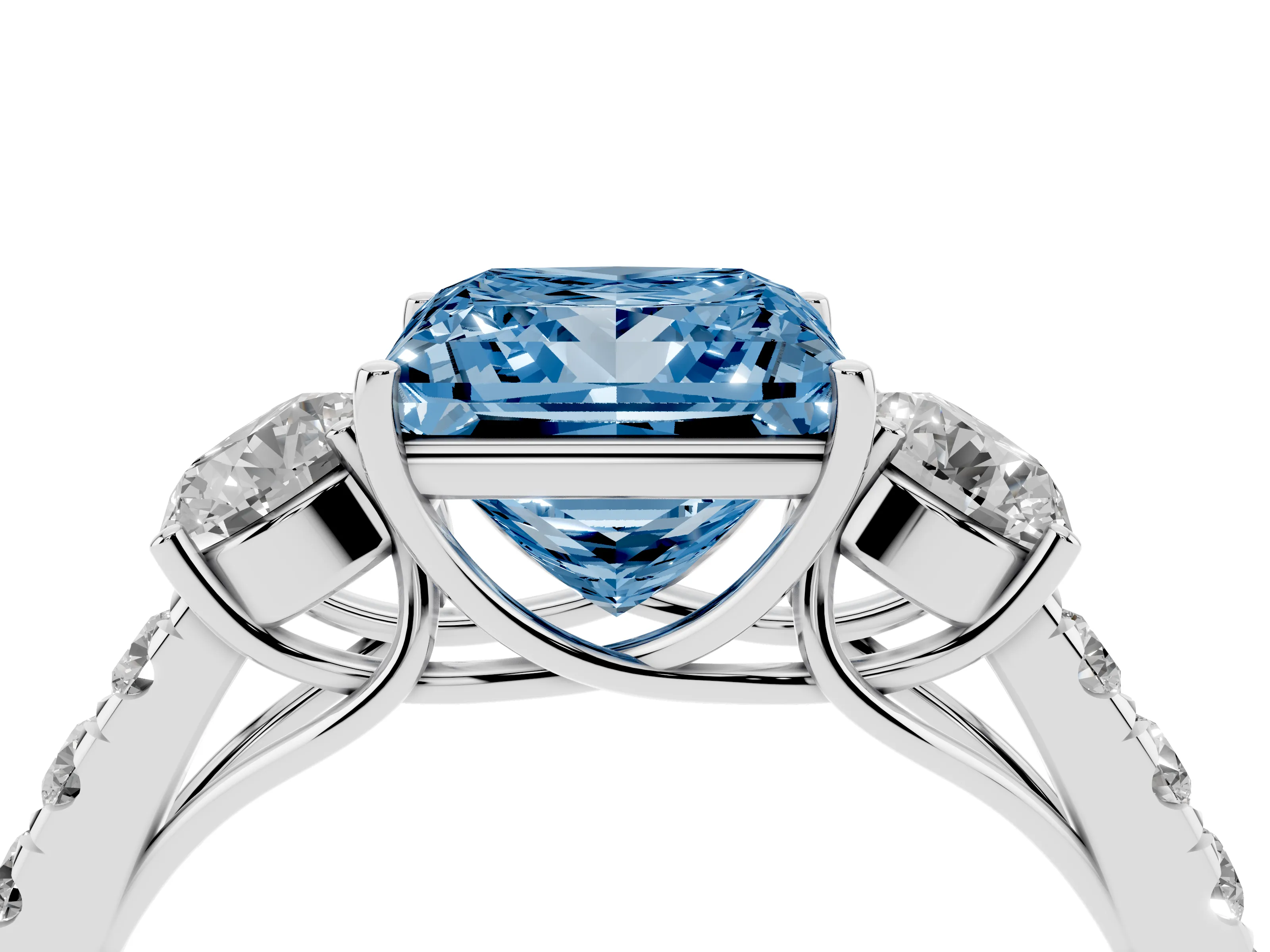 Fancy Blue Princess Cut Diamond Three-Stone Ring Set in Platinum with Round Side Stones and Delicate Pavé Band